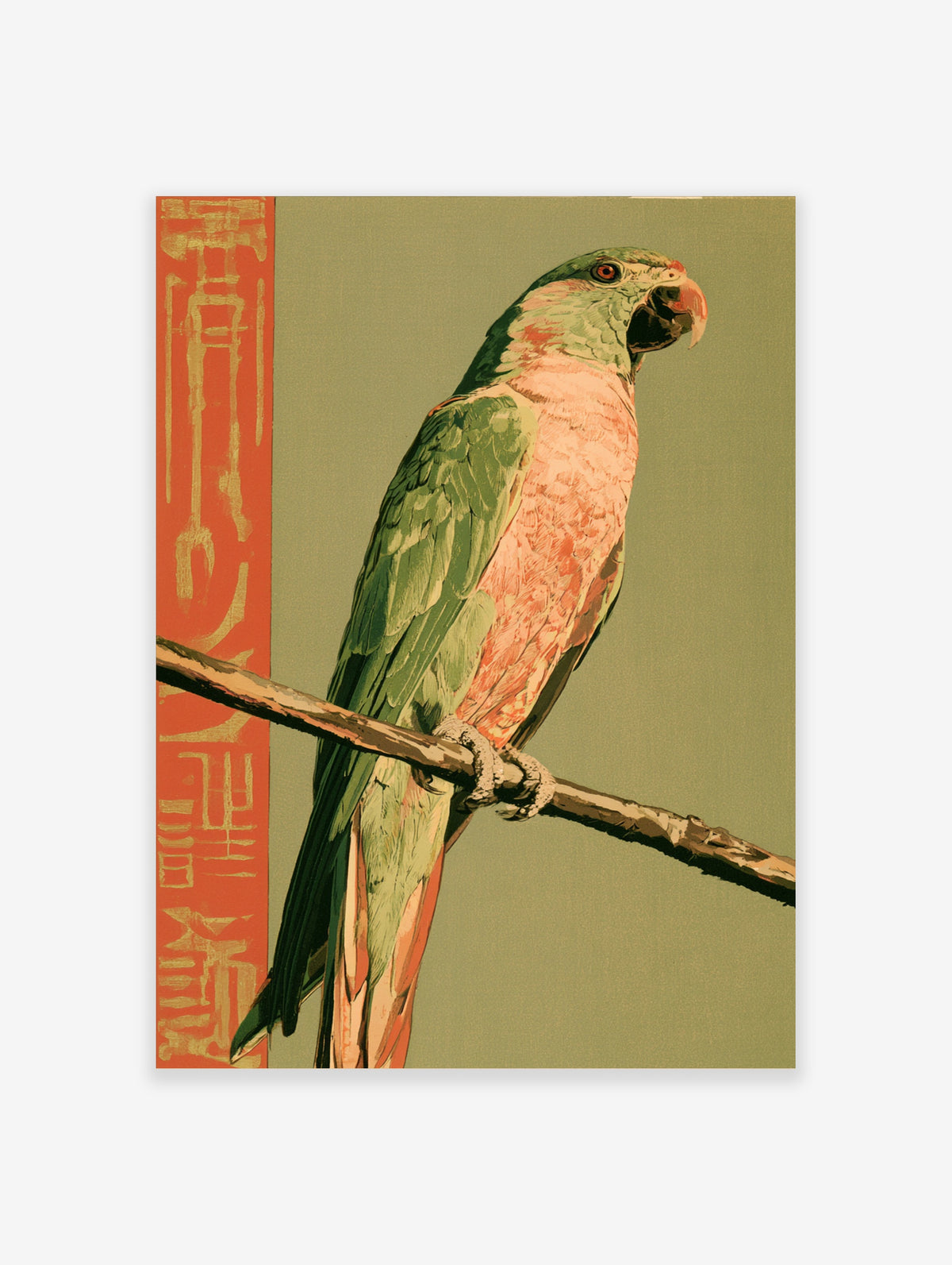 Green parrot with pink breast and red beak perched on a branch, red calligraphy panel, olive background
