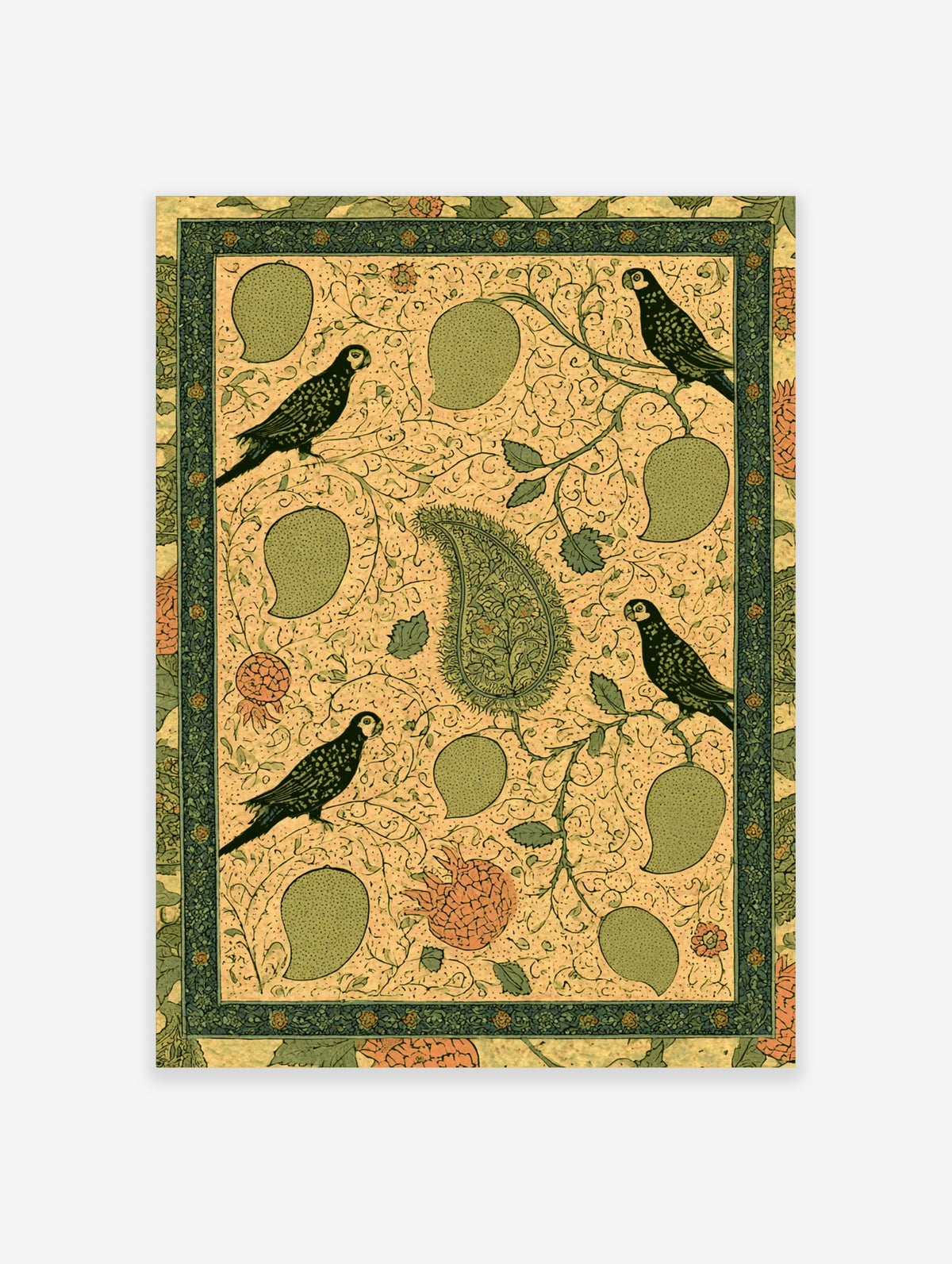 Ornate green parrot art print with botanical vines and paisley motif on beige background
