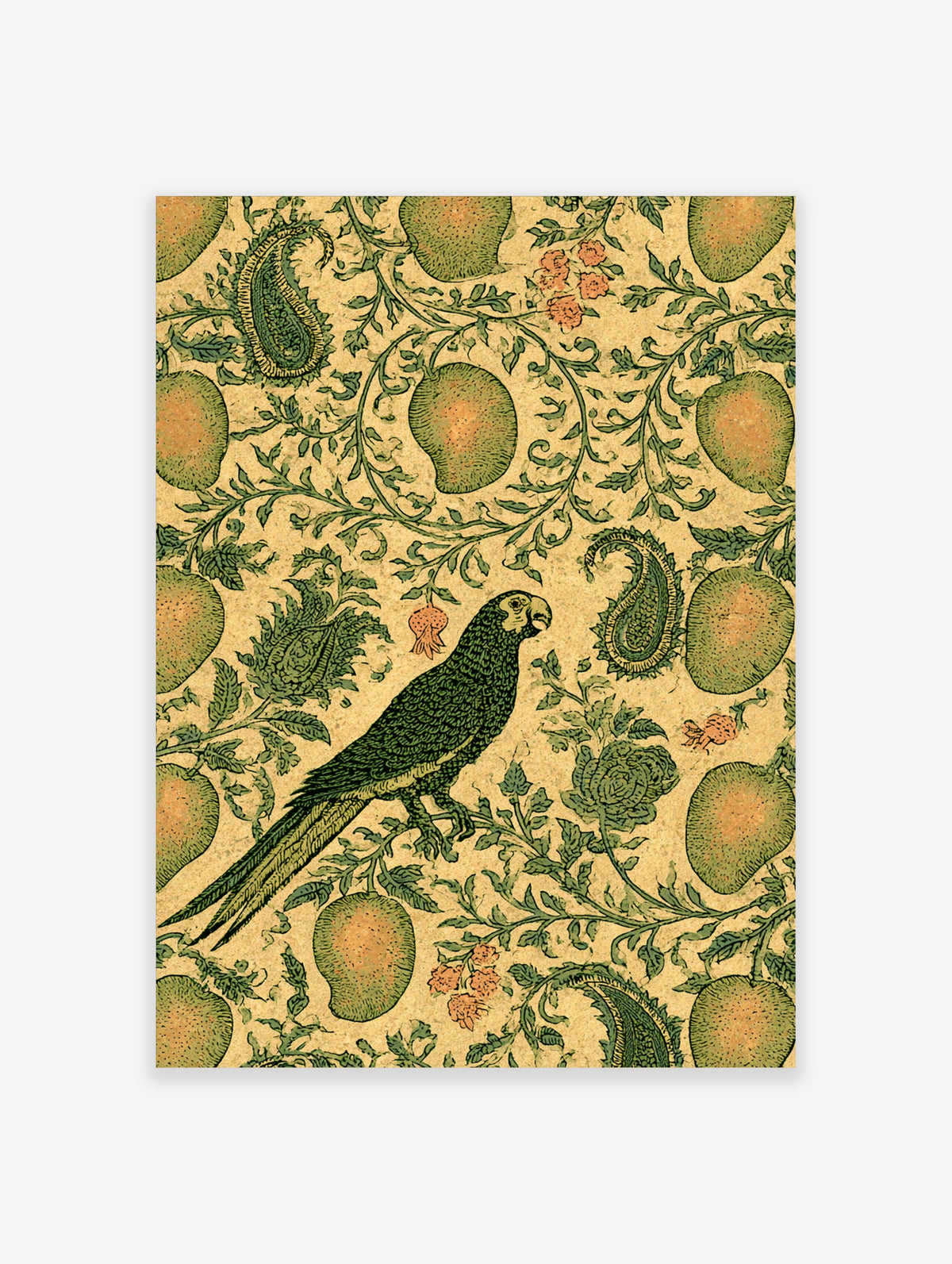 Green parrot perched among ornate foliage, paisley motifs, and fruit forms on beige background