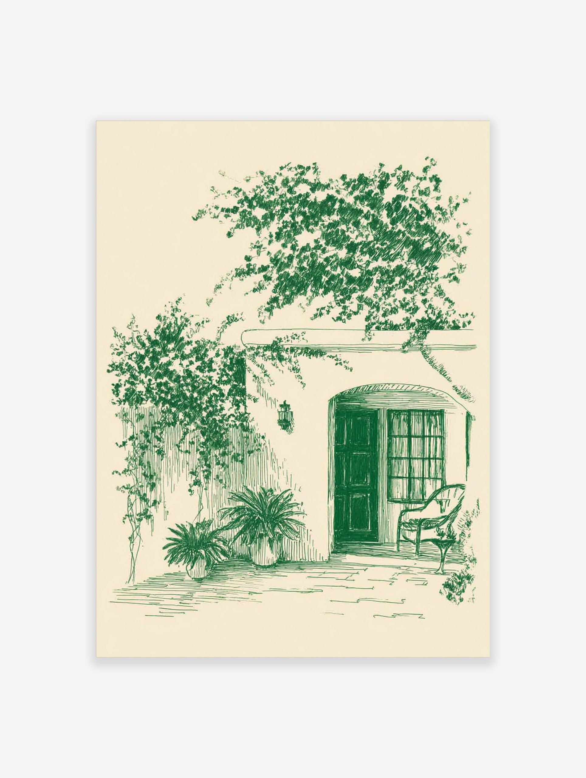 Green sketch art print of a tranquil patio with an arched doorway, climbing vines, potted plants, and a chair