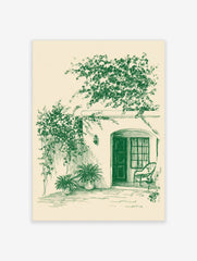 Green sketch art print of a tranquil patio with an arched doorway, climbing vines, potted plants, and a chair