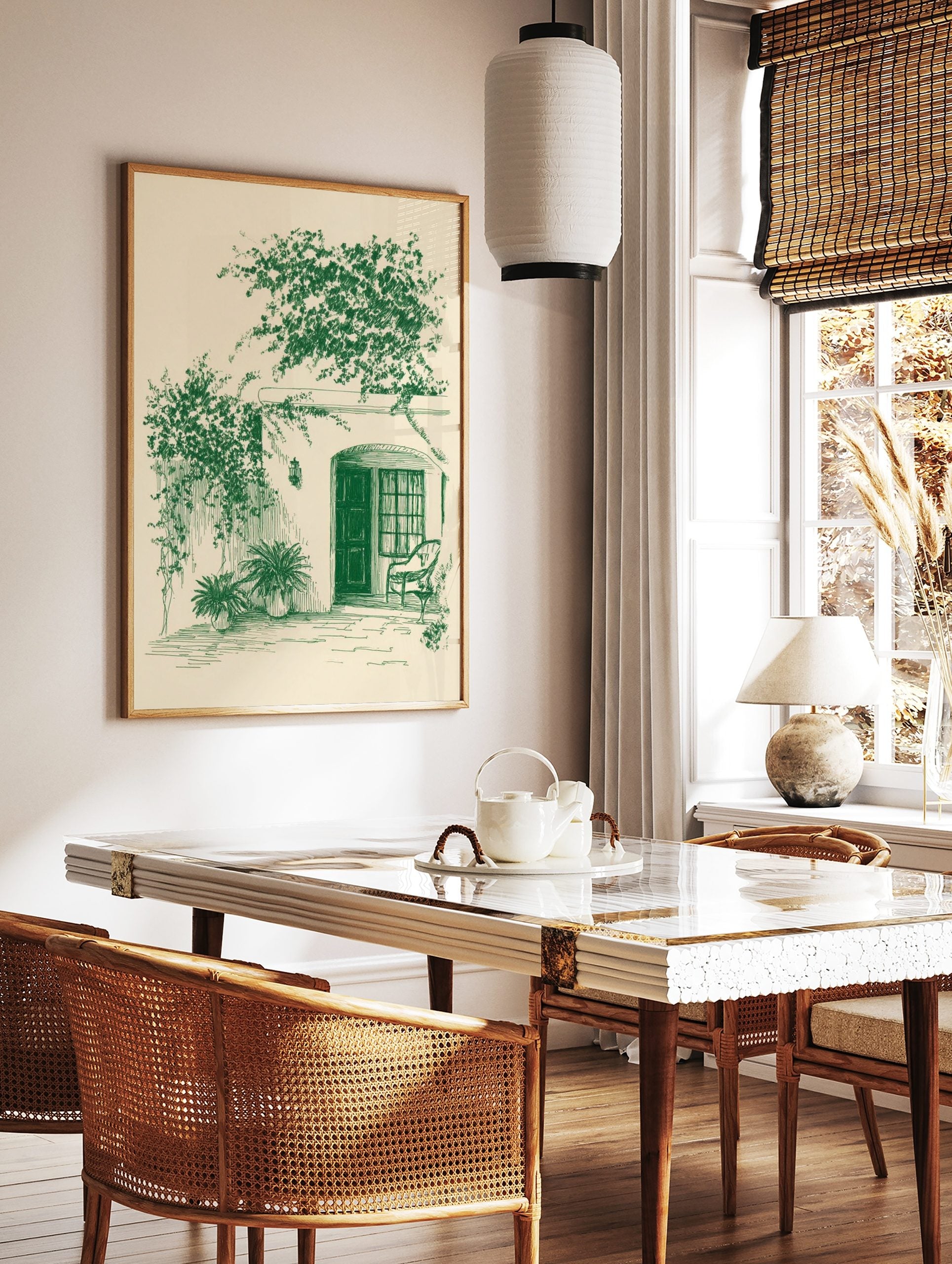 Green sketch art print of a tranquil patio with an arched doorway, climbing vines, potted plants, in a styled room mockup