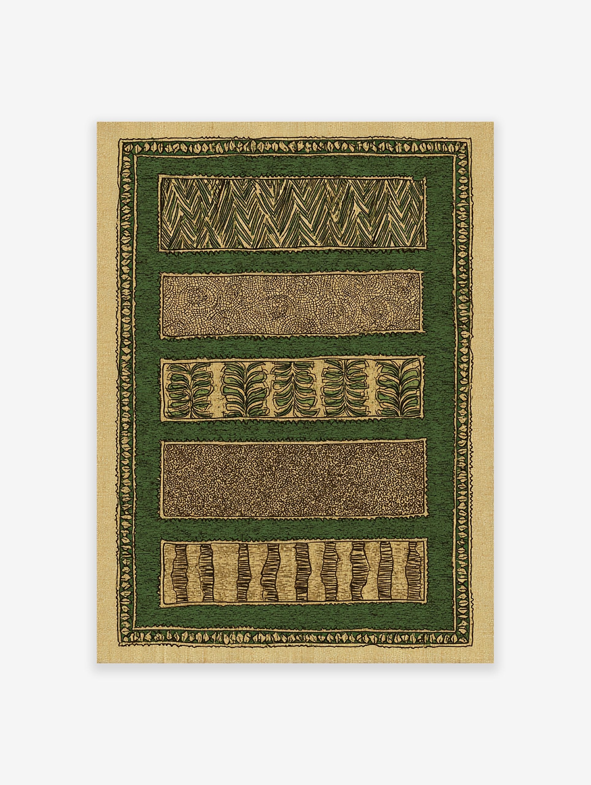 Green and beige pattern wall art with five distinct horizontal patterns including chevrons, dots, and leaf motifs, framed by a patterned border.