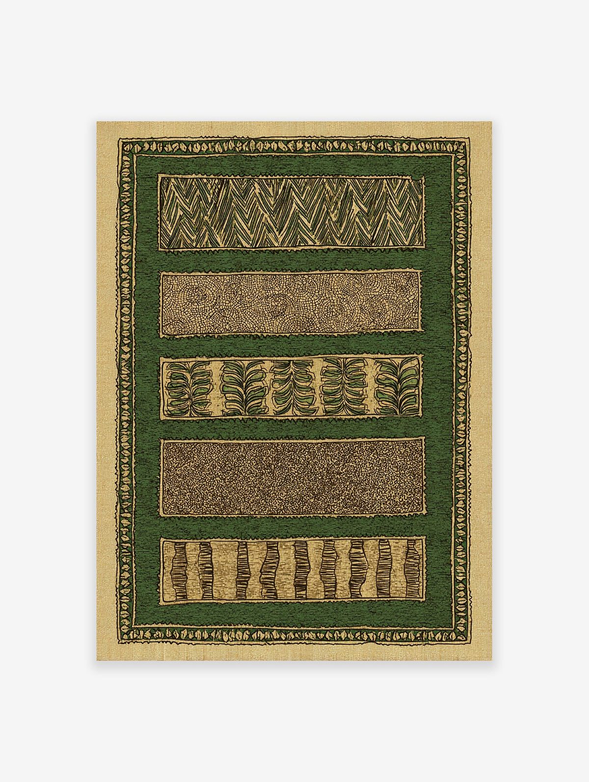 Green and beige pattern wall art with five distinct horizontal patterns including chevrons, dots, and leaf motifs, framed by a patterned border.