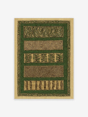 Green and beige pattern wall art with five distinct horizontal patterns including chevrons, dots, and leaf motifs, framed by a patterned border.