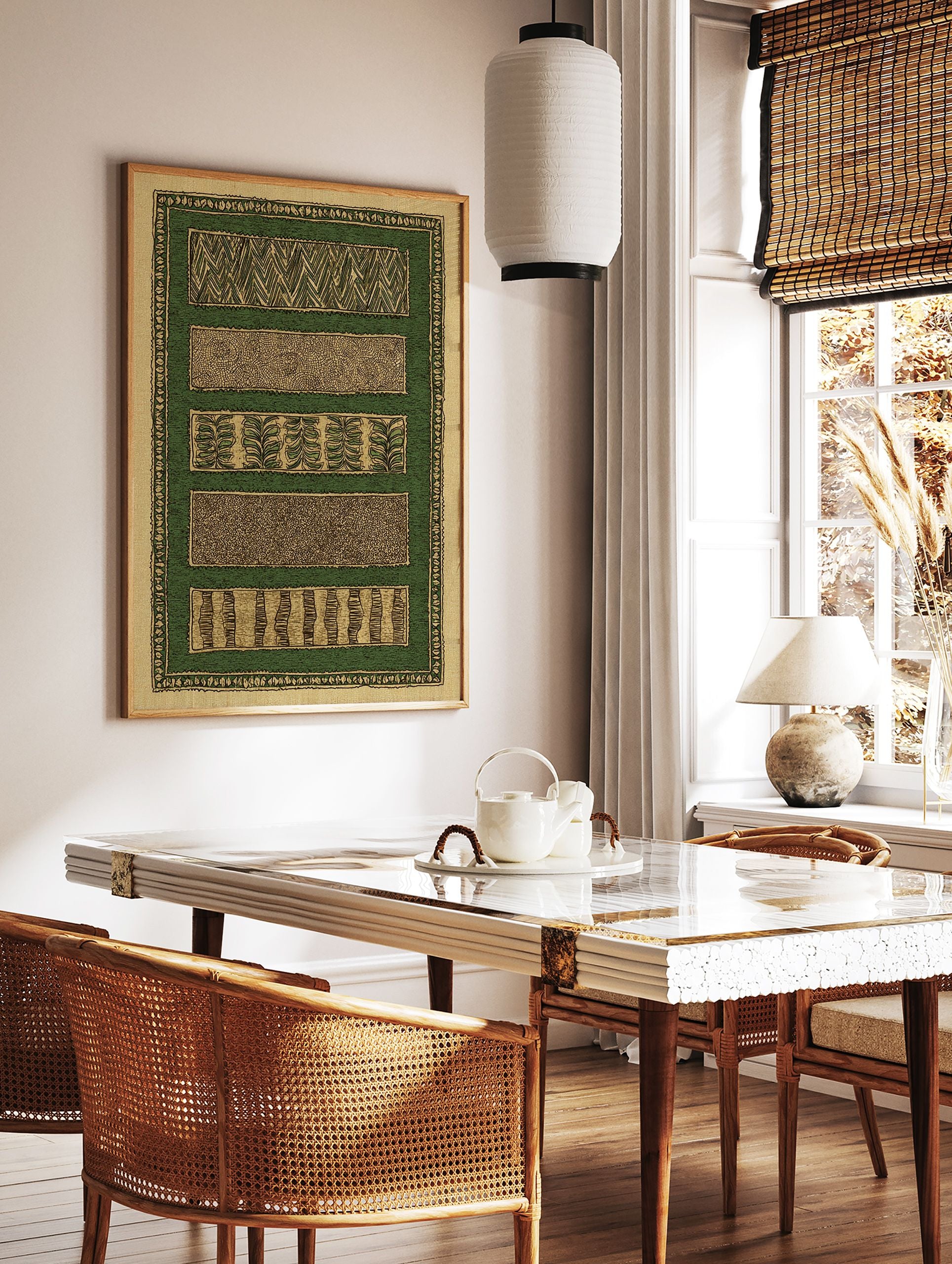 Green and beige pattern wall art with five distinct horizontal patterns including chevrons, dots, and leaf motifs, framed by a patterned border. - Image 2