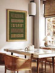 Green and beige pattern wall art with five distinct horizontal patterns including chevrons, dots, and leaf motifs, framed by a patterned border. - Image 2