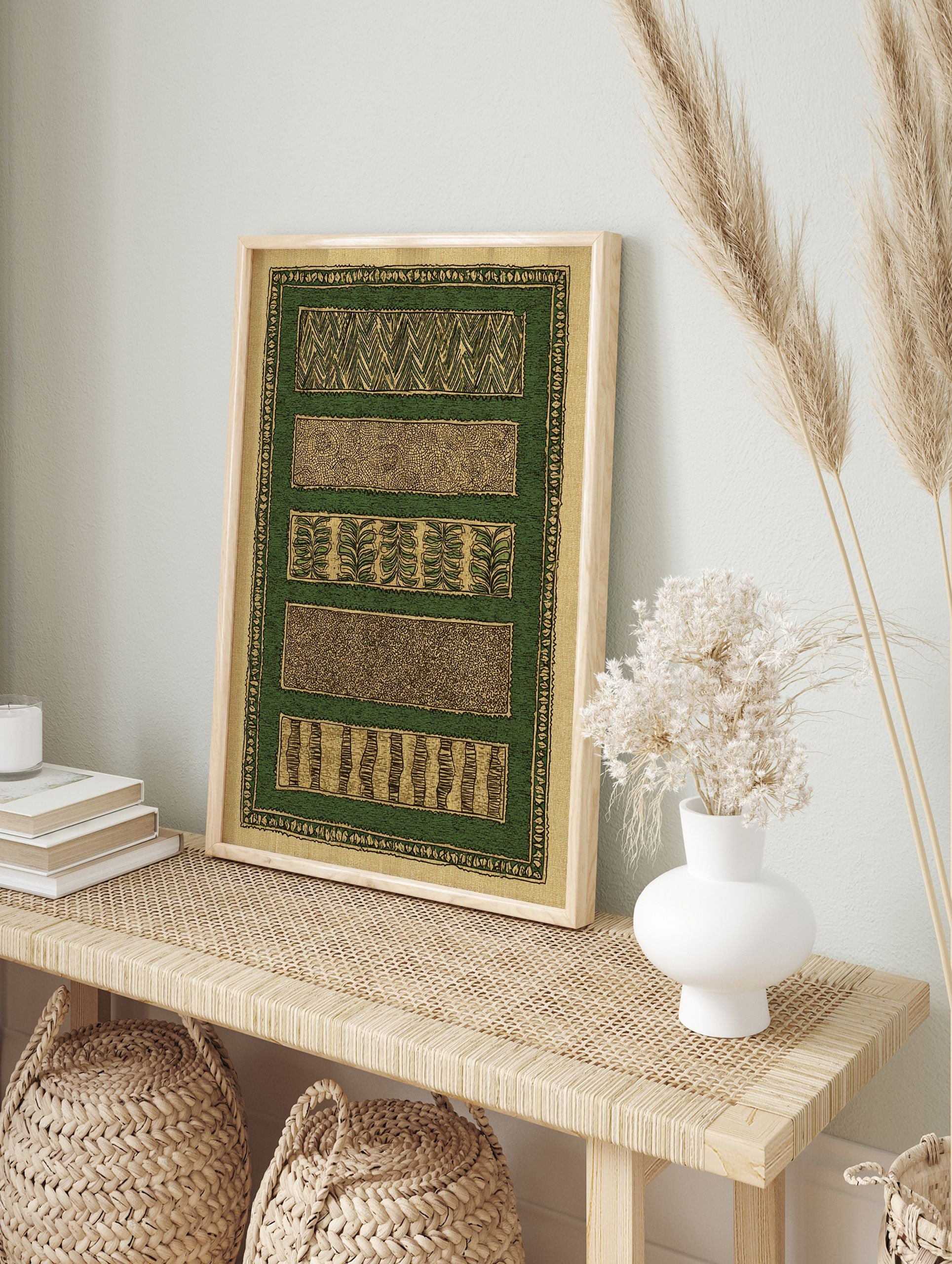 Green and beige pattern wall art with five distinct horizontal patterns including chevrons, dots, and leaf motifs, framed by a patterned border. - Image 3
