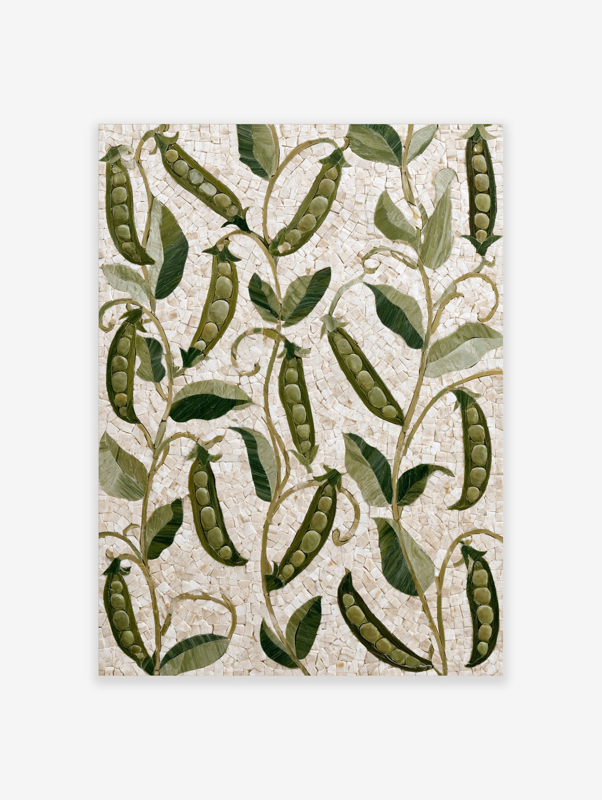 Green pea pod mosaic art print with curling tendrils and leaves on cream tesserae background