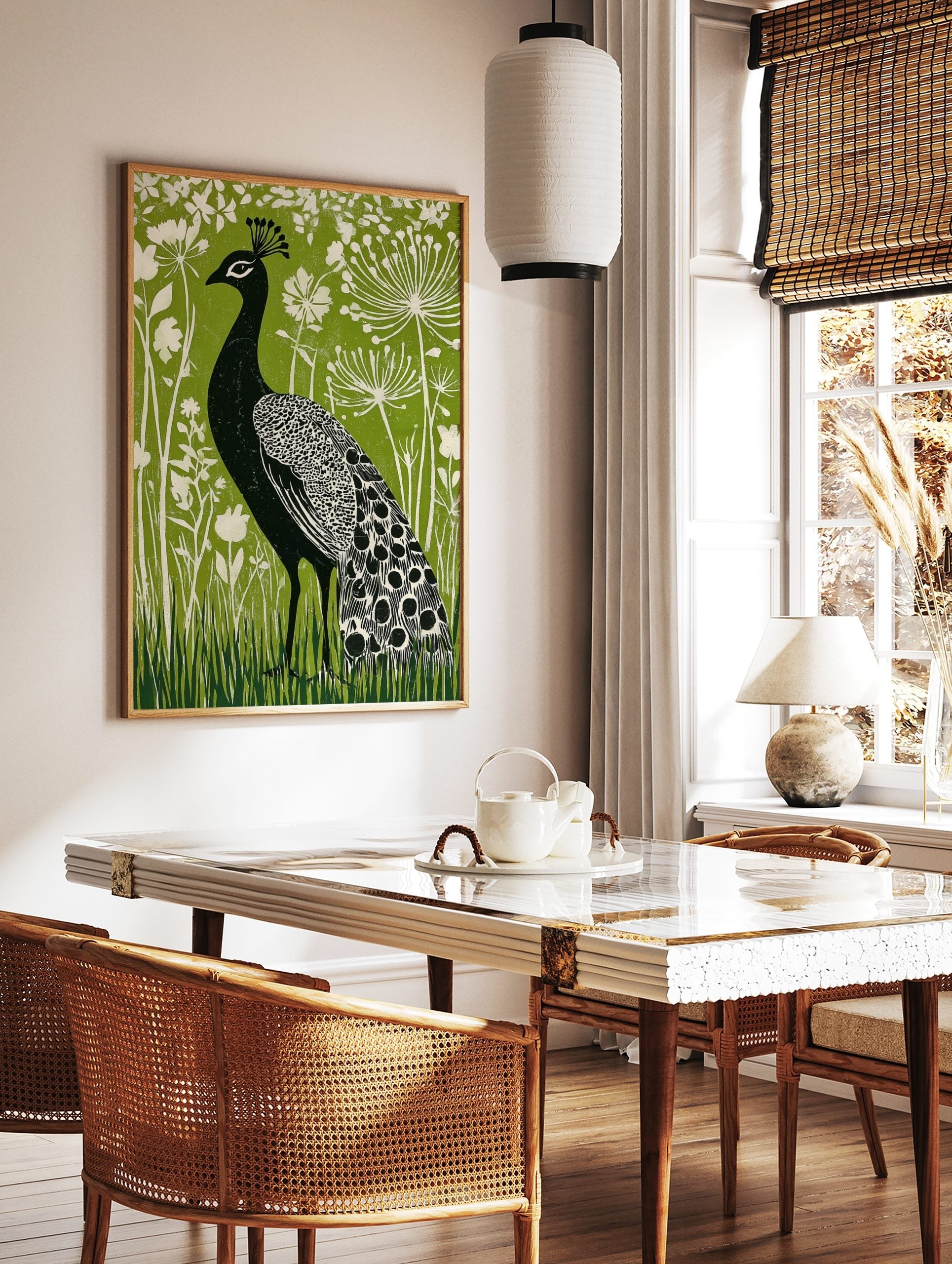 Black peacock with white patterned feathers against a vibrant green background with white botanical, in a styled room mockup