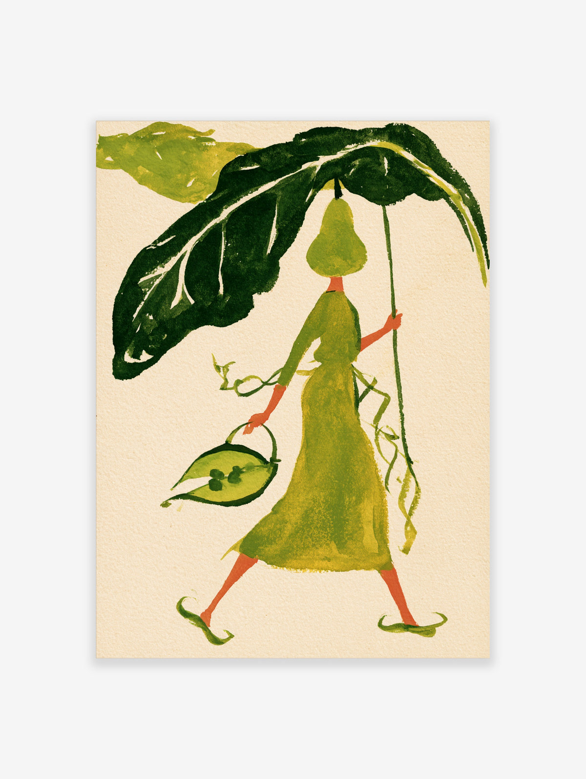 Green pear figure poster with leaf umbrella and basket, red limbs, cream background, botanical art print
