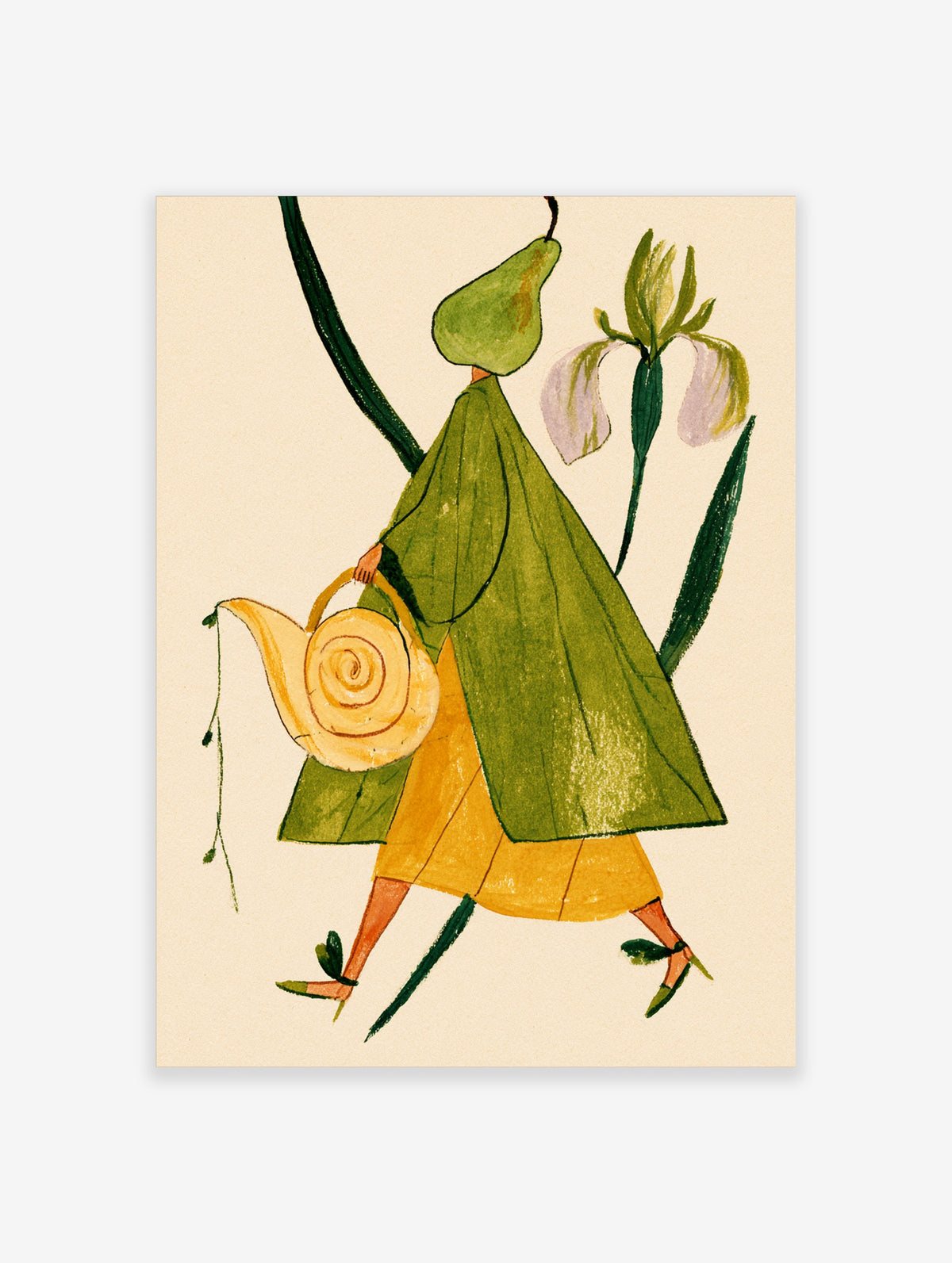 Surreal green pear figure with yellow spiral watering can and purple iris illustration art print
