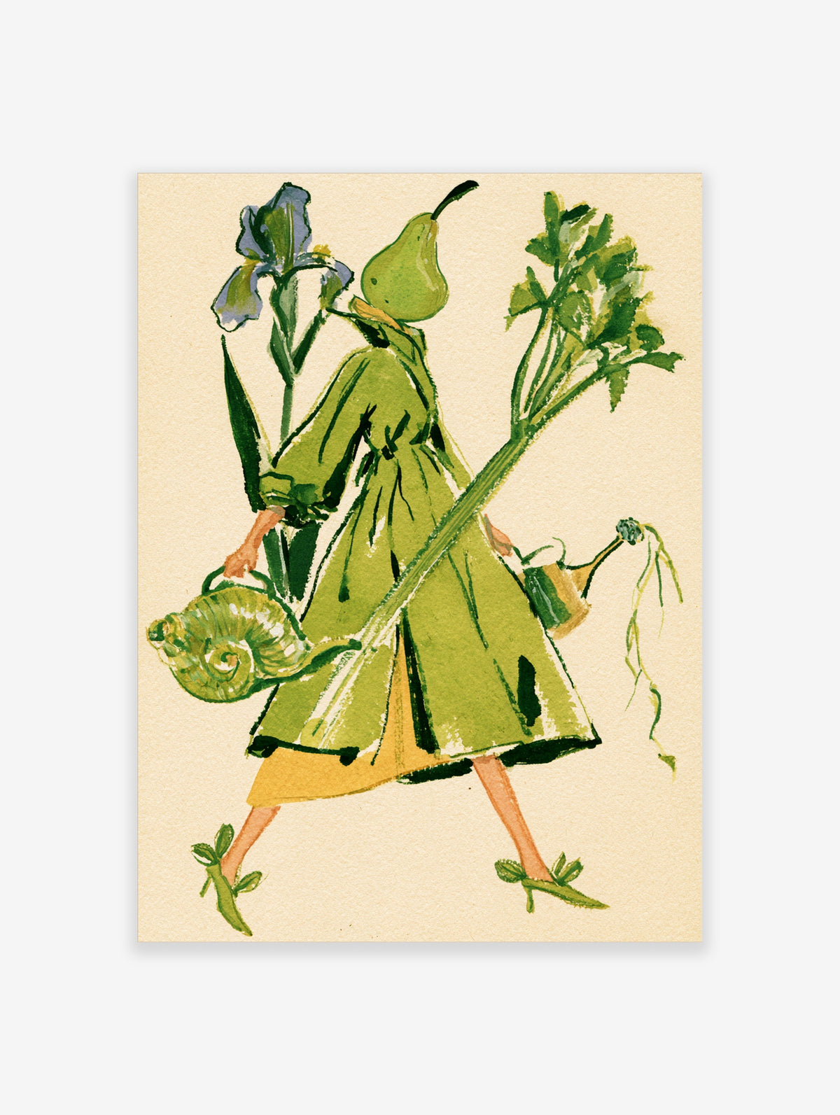 Whimsical illustration of a pear-headed figure in a green coat carrying a shell basket and leafy stalk