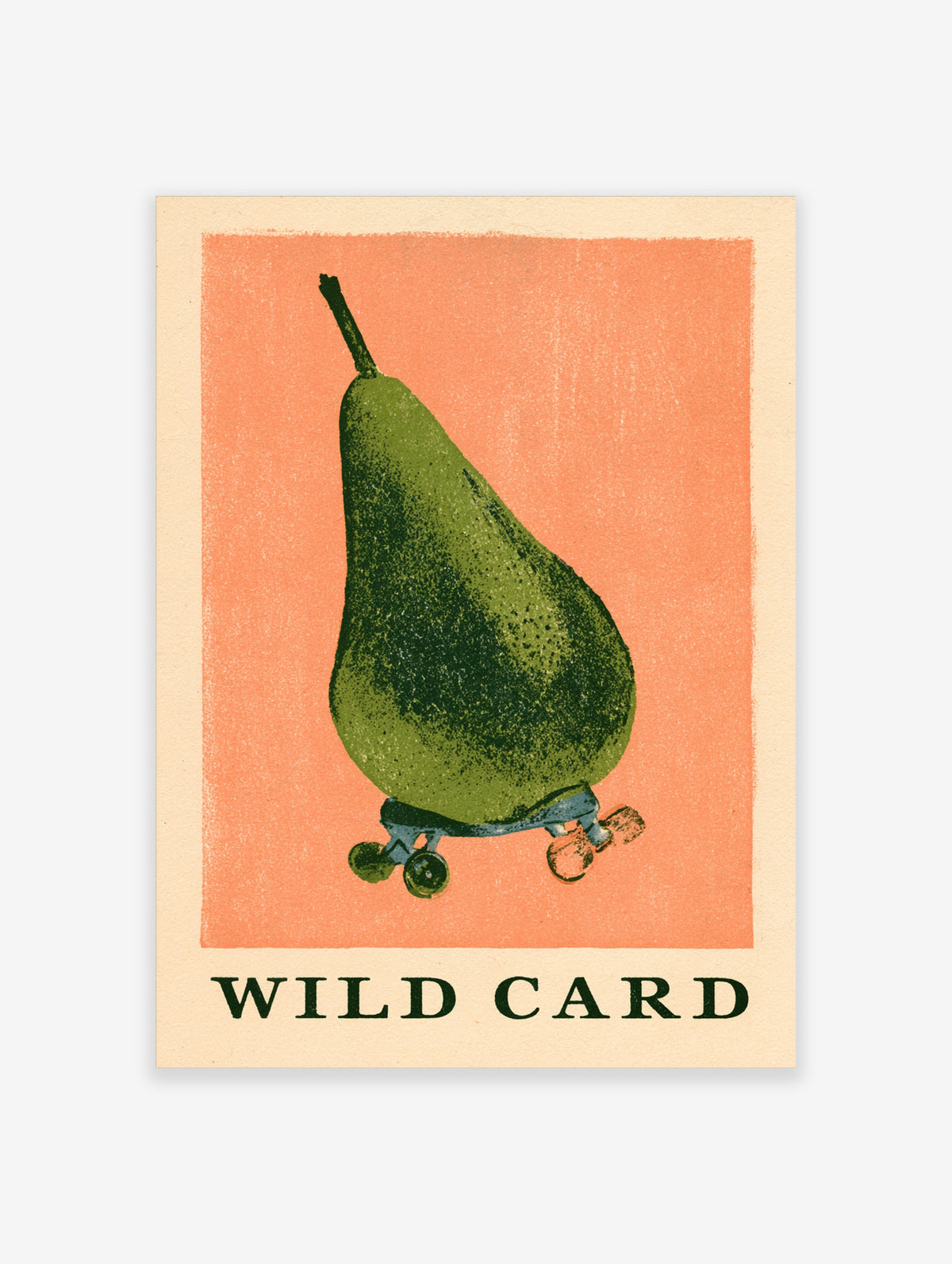Green pear on roller skates with WILD CARD text on coral background, retro food art print