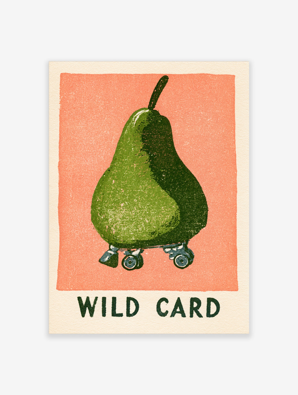 Green pear on roller skates with WILD CARD text on coral background art print