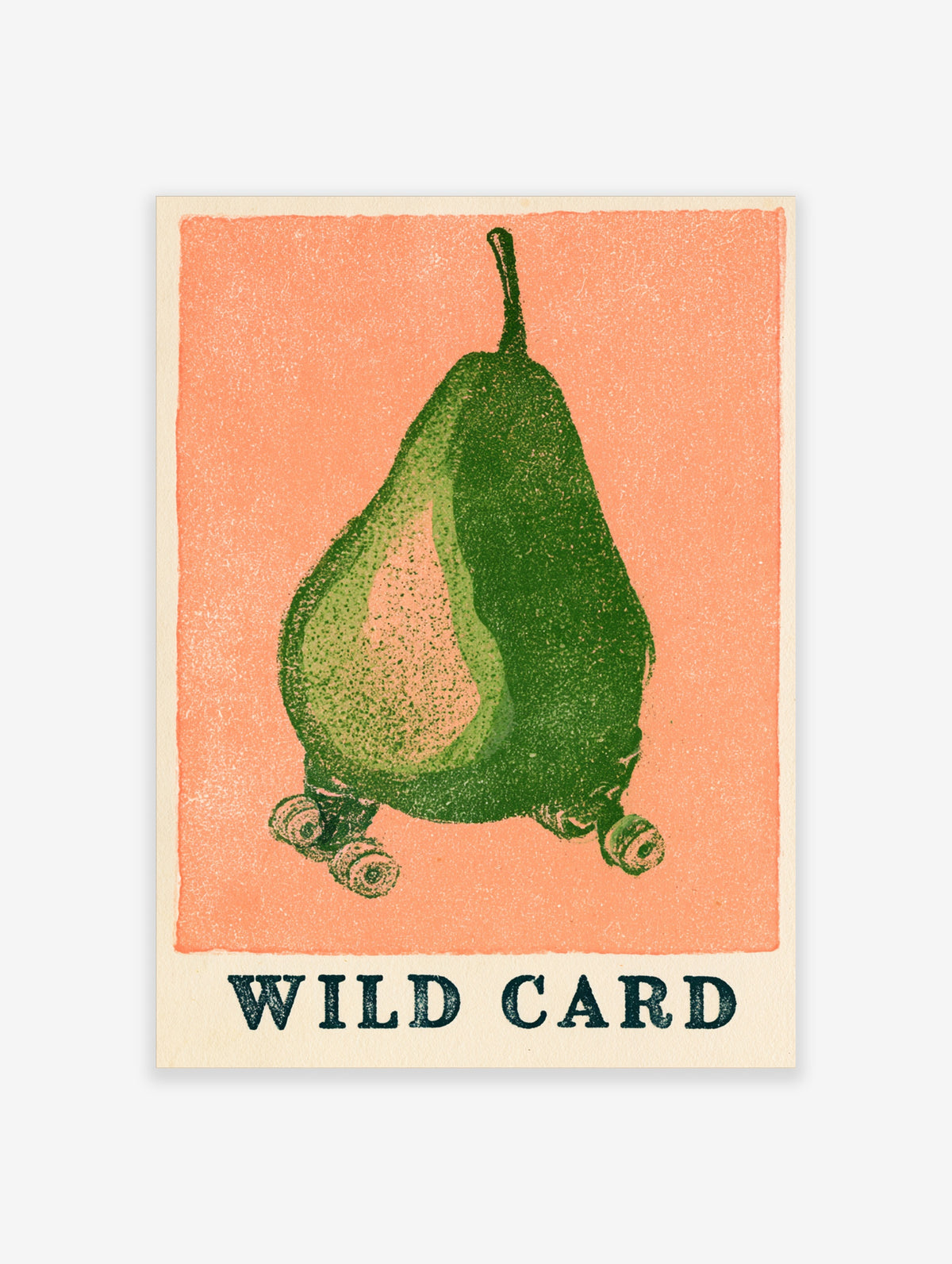 Green pear on roller skates with WILD CARD text on coral background art print