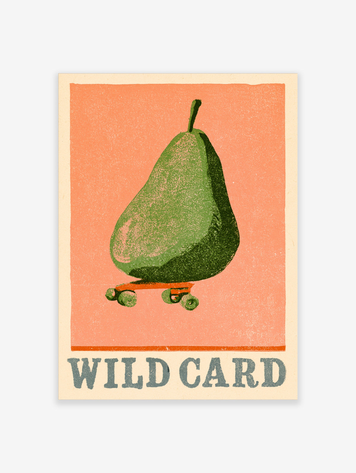 Green pear on a skateboard with orange wheels and blue Wild Card text on a coral background