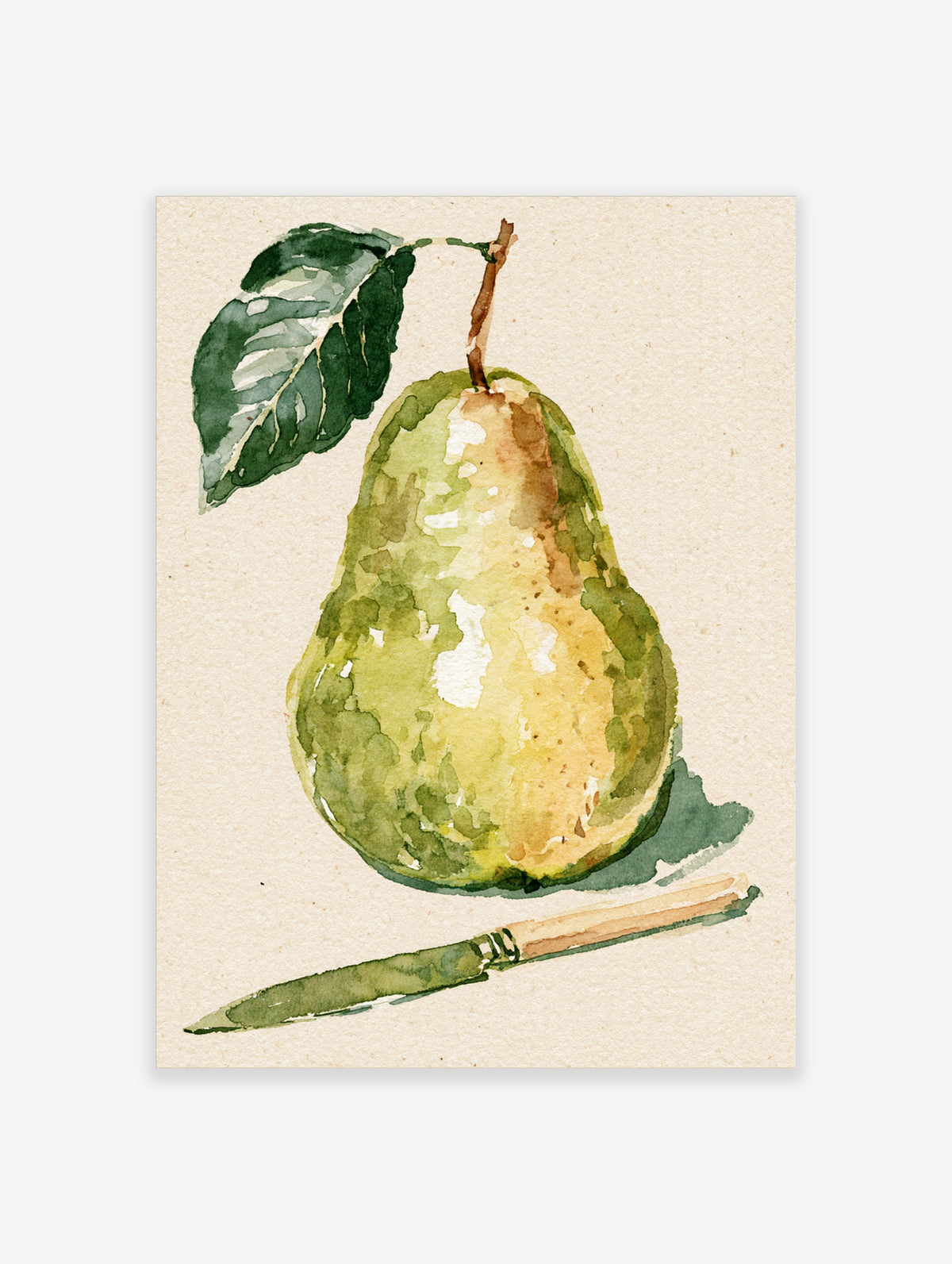 Green pear watercolour art print with leaf and paring knife on cream paper