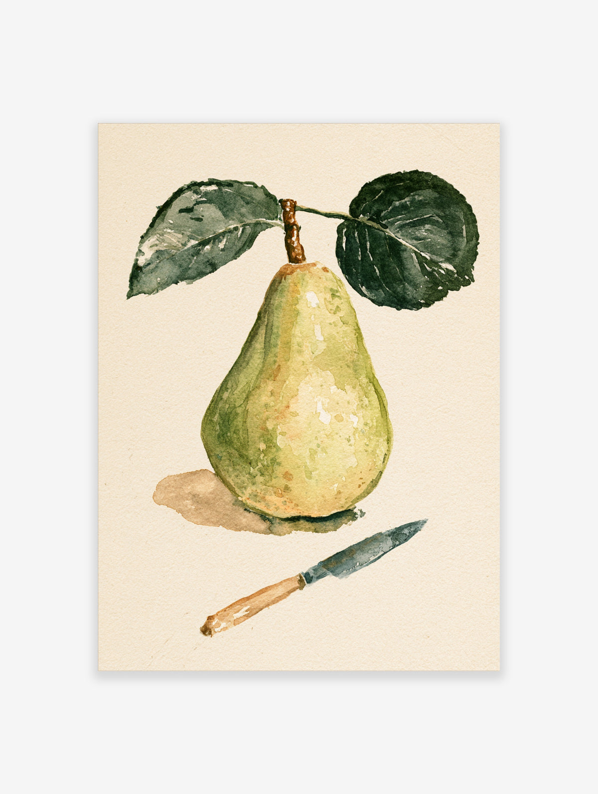 Watercolour green pear with dark leaves and a small knife below on a plain background