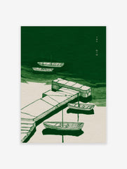 Green and off-white illustration of boats moored to a stone pier on calm water, with Chinese text