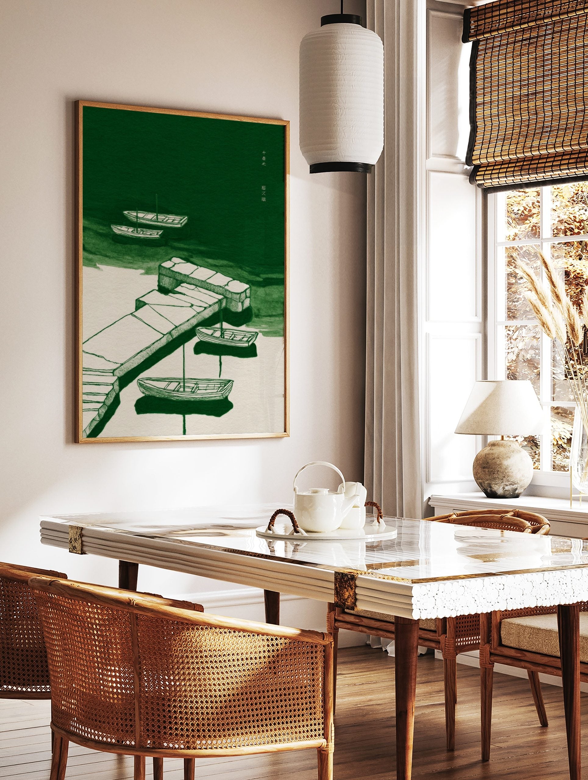 Green and off-white illustration of boats moored to a stone pier on calm water, with Chinese text, in a styled room mockup