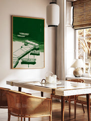Green and off-white illustration of boats moored to a stone pier on calm water, with Chinese text, in a styled room mockup