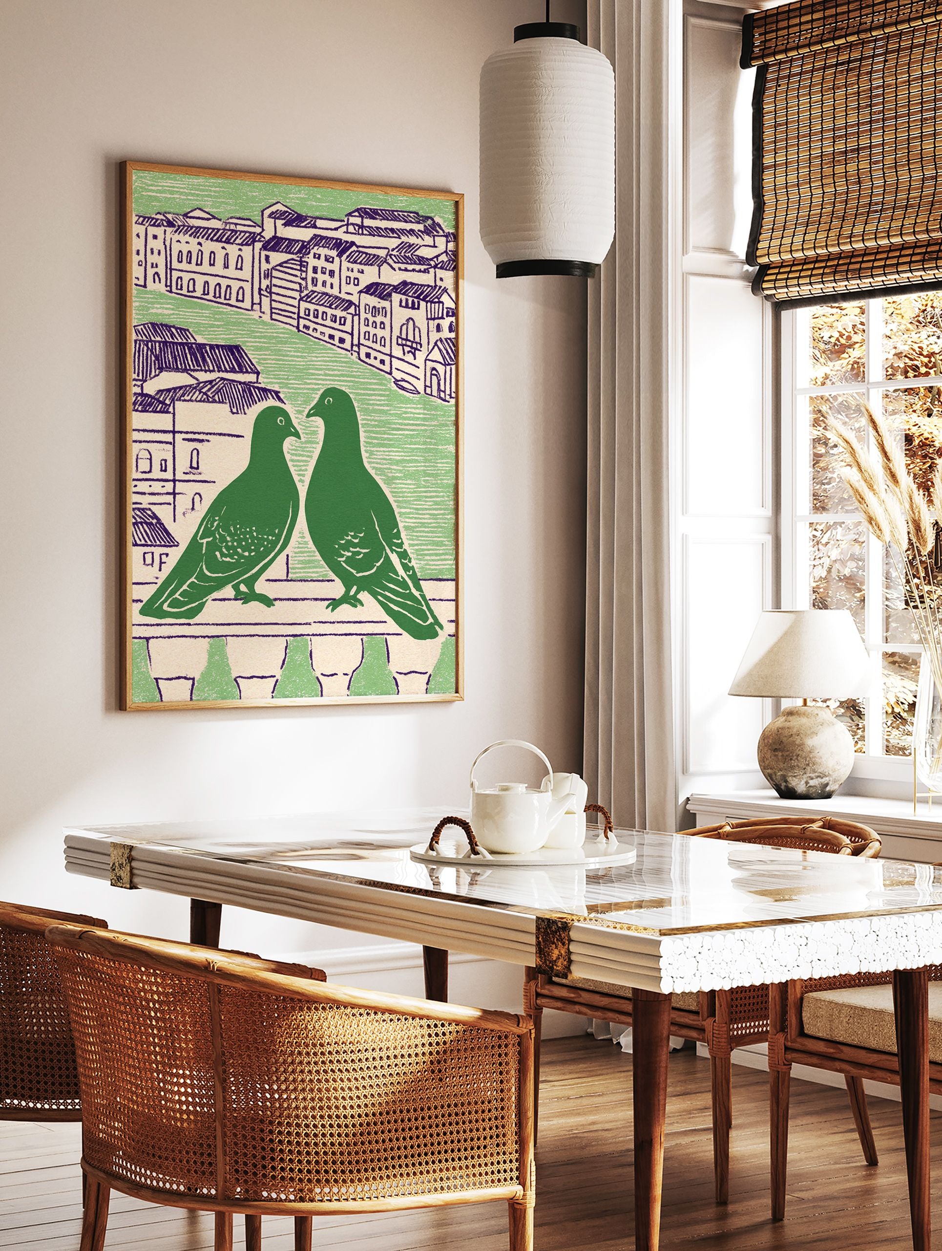 Green pigeon wall art featuring two pigeons on a balcony overlooking a city with purple-roofed buildings - Image 2