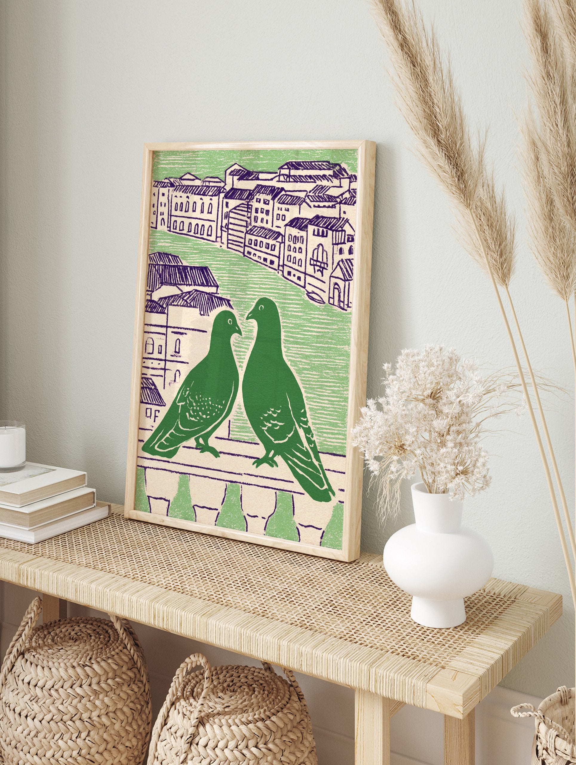 Green pigeon wall art featuring two pigeons on a balcony overlooking a city with purple-roofed buildings - Image 3