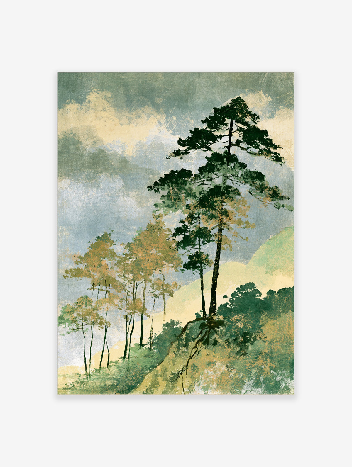 Green pine tree on rocky slope with pale gold trees and textured sky, Japanese landscape art print