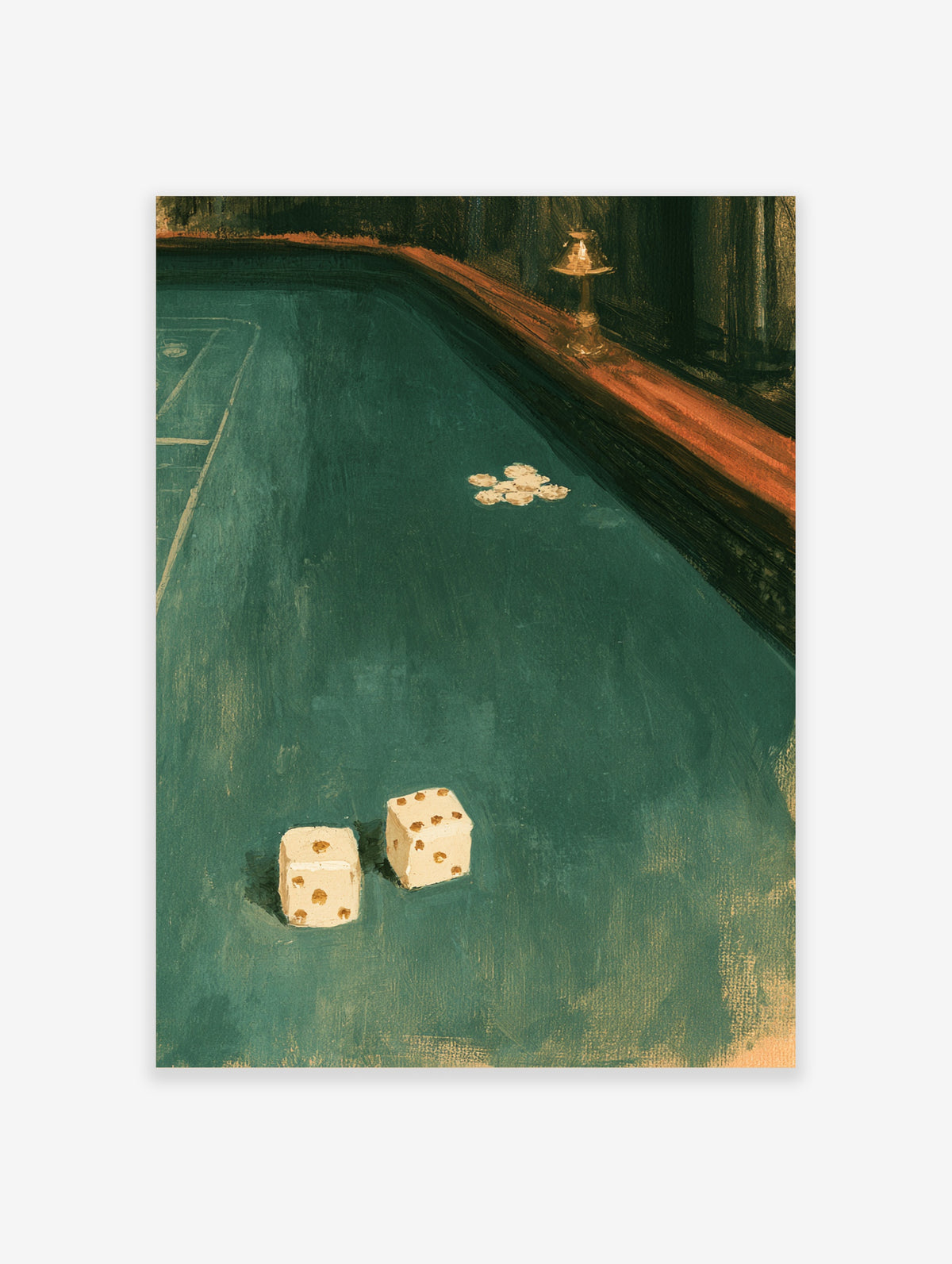 Green pool table poster with two ivory dice and pale chips on teal baize, wooden rail and lamp