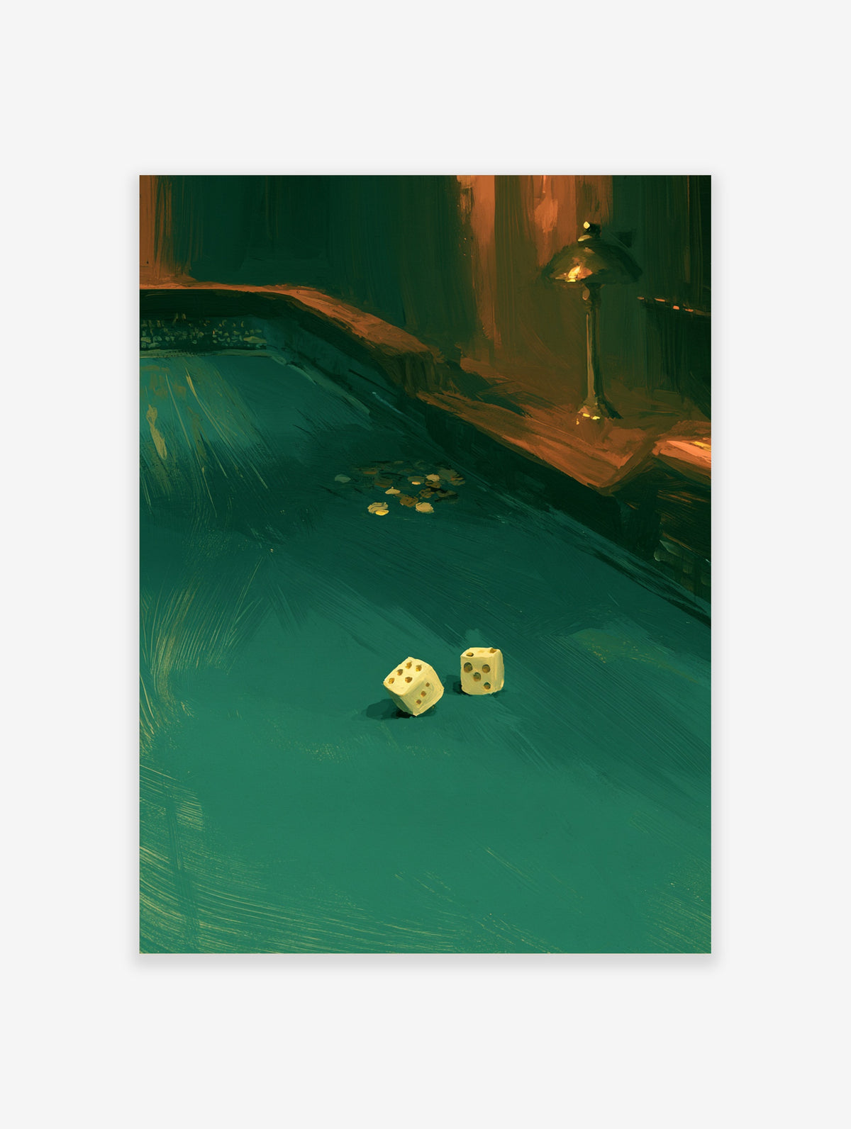 Green pool table poster with two dice, coins, and lamp glow