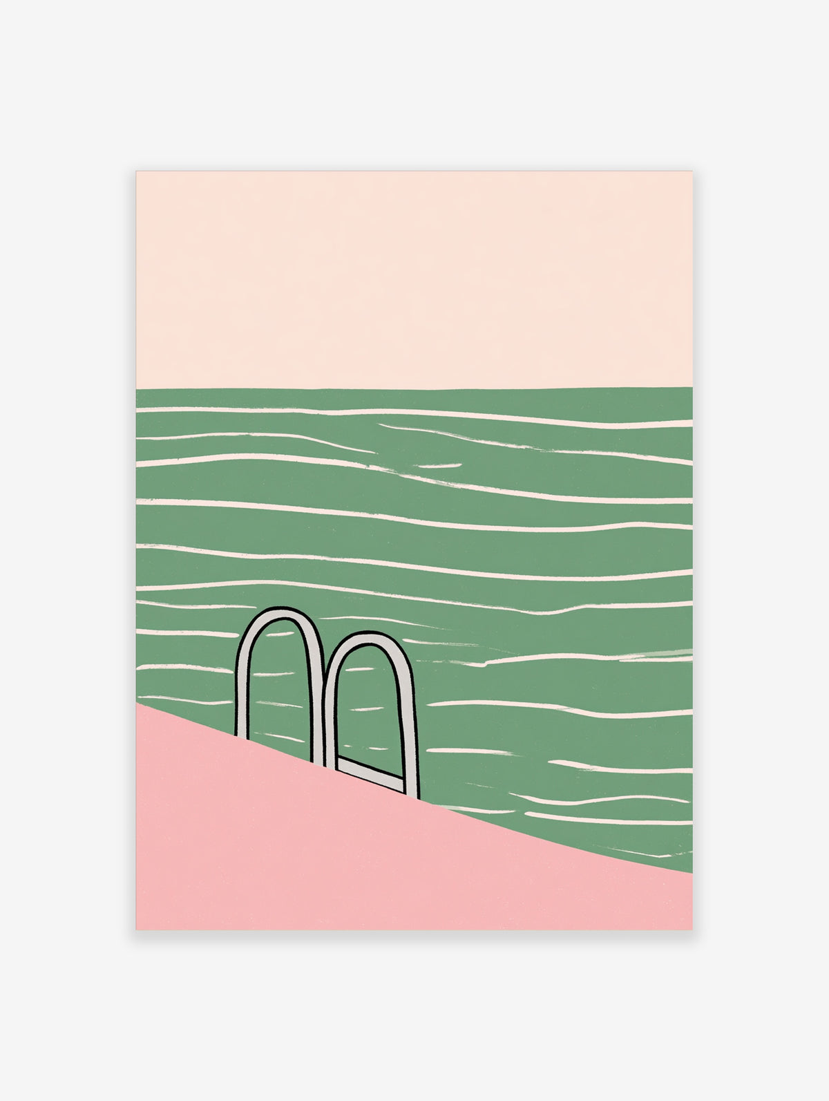 Minimalist green pool water poster with white ripples, grey ladder, and pink poolside