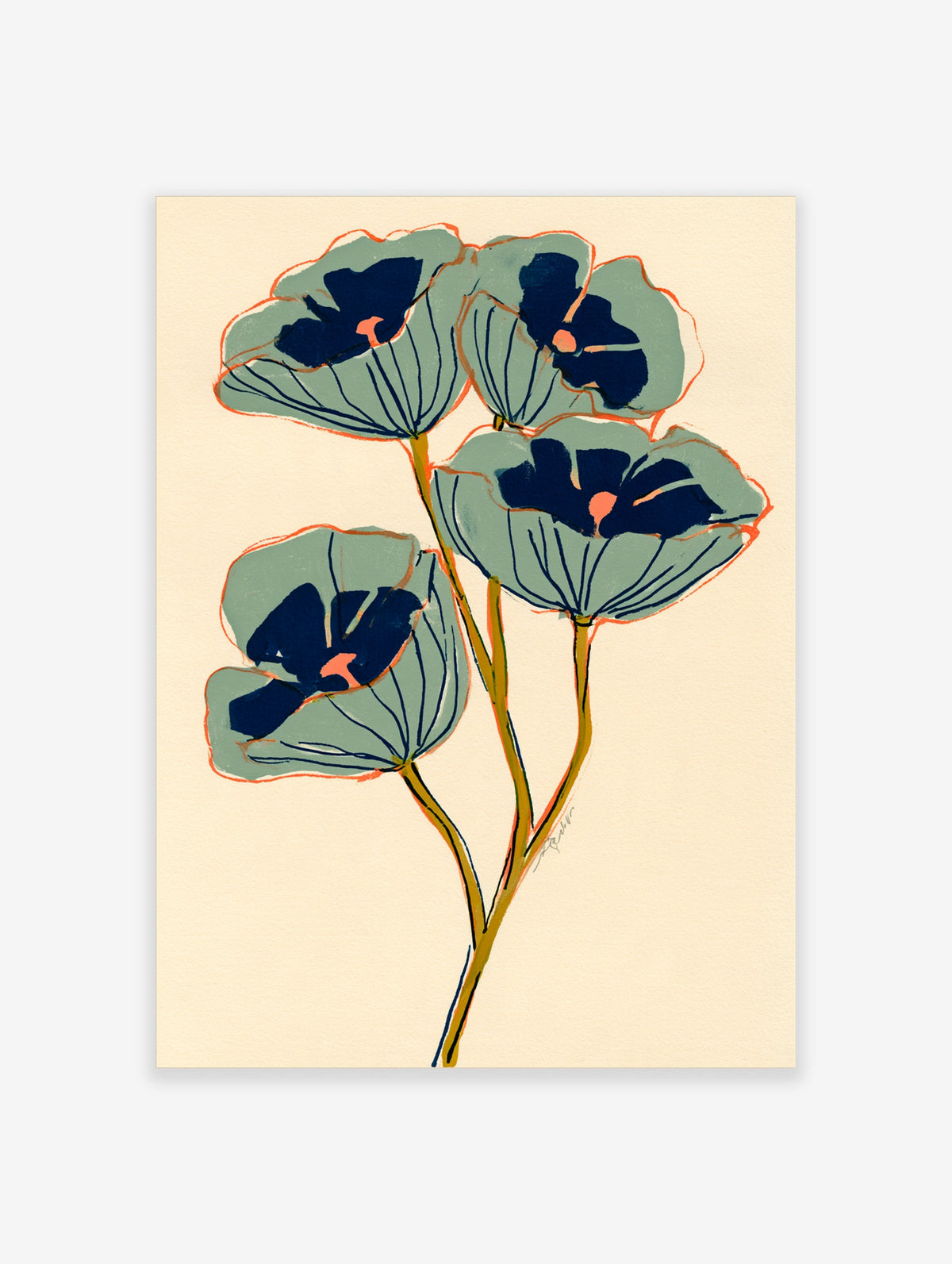 Stylised green poppy flowers with dark navy centres and orange outlines on a cream background