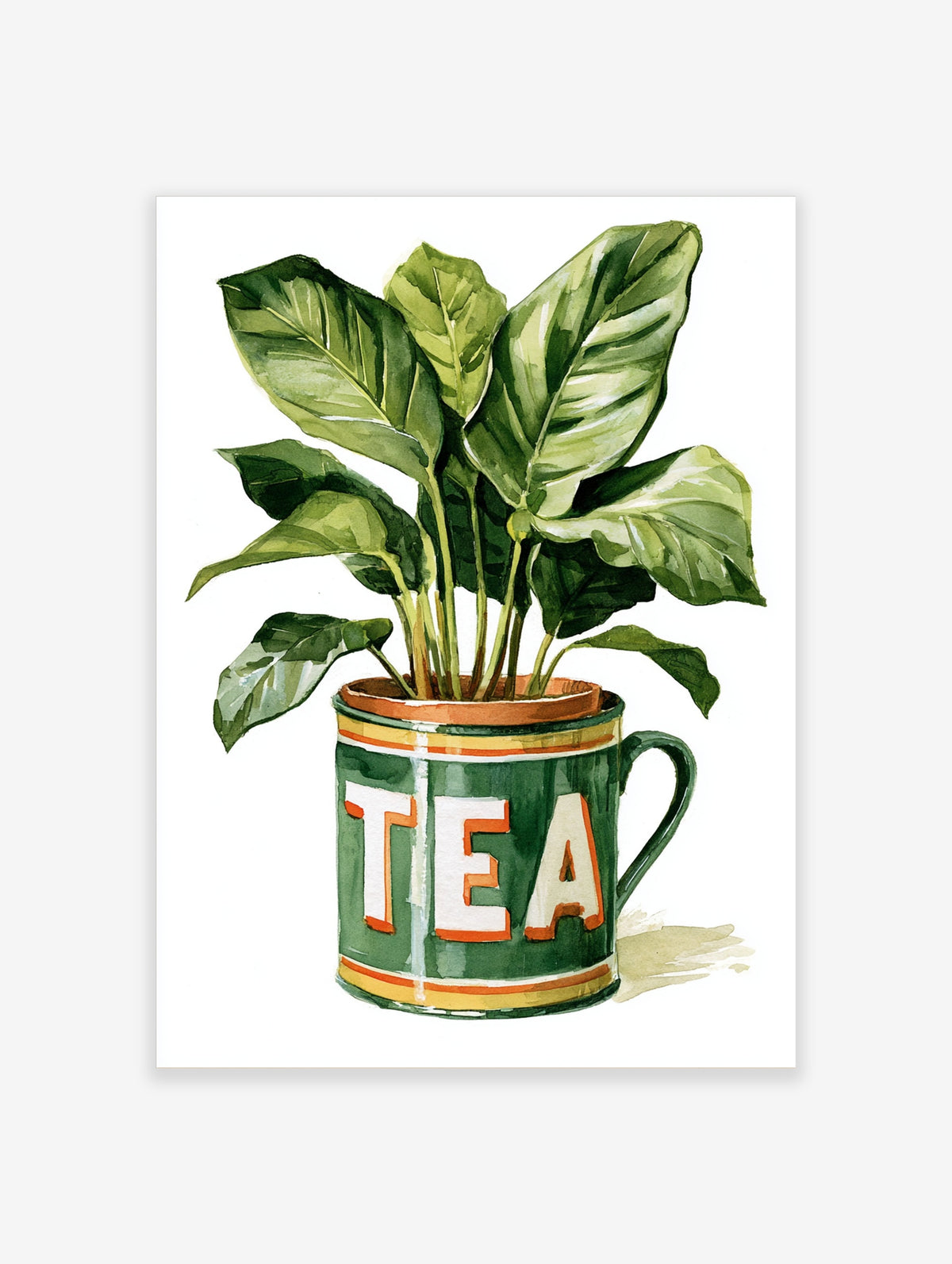 Green potted plant in a green mug with TEA text, botanical illustration print on white