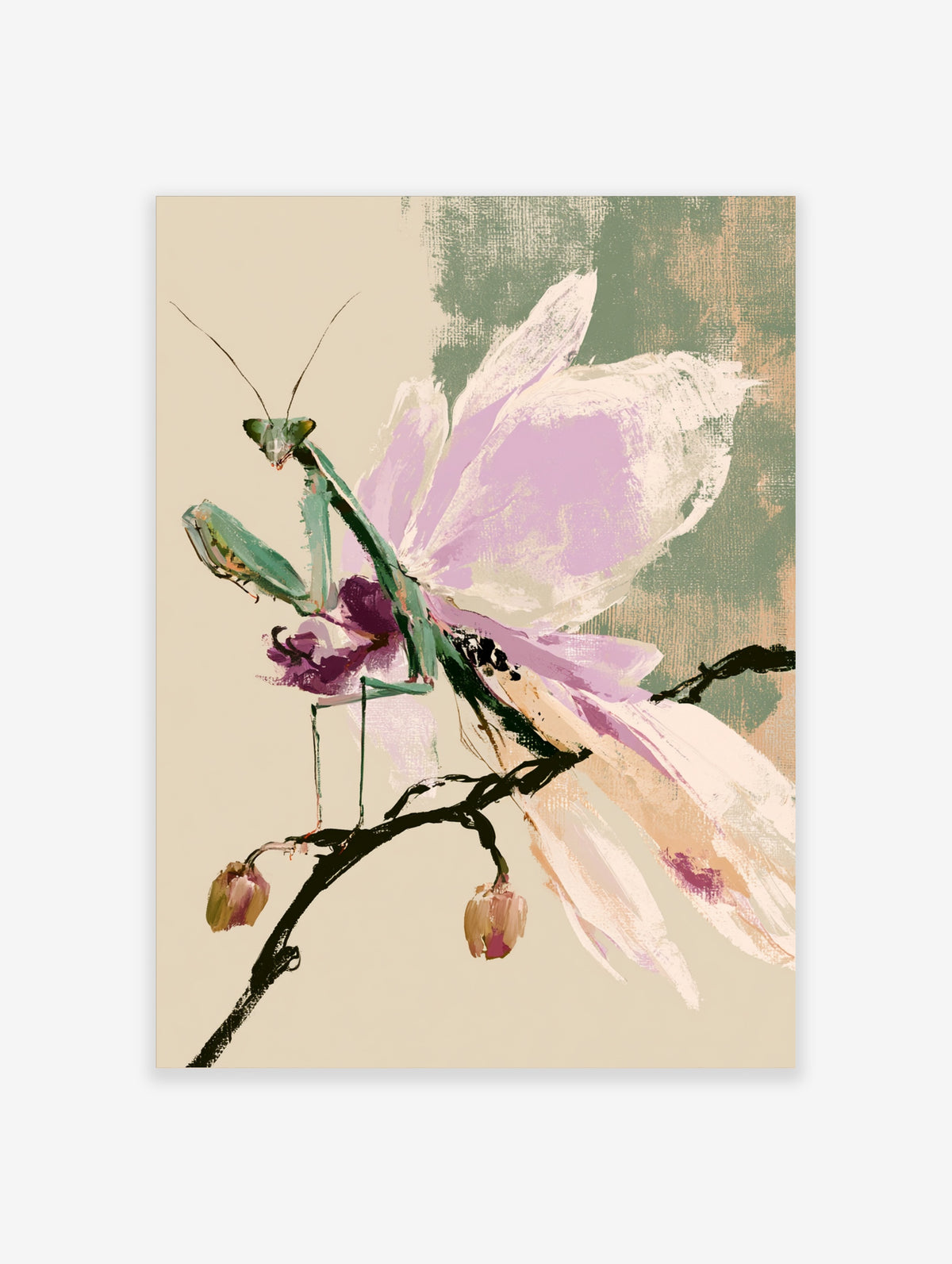 Green praying mantis on pink flower with dark branch and buds, insect wall art print
