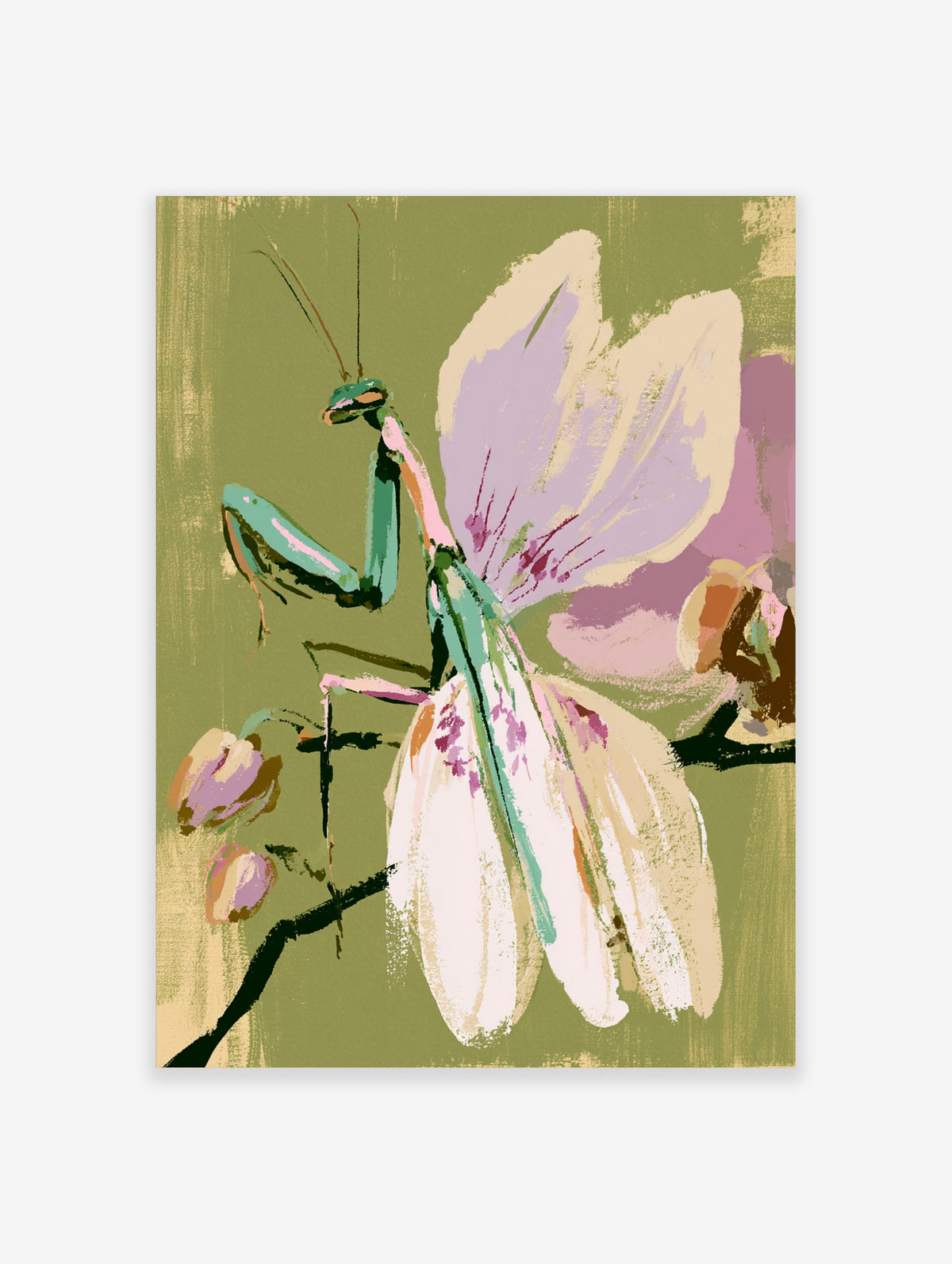 Green praying mantis art print with pink and cream wings on olive background