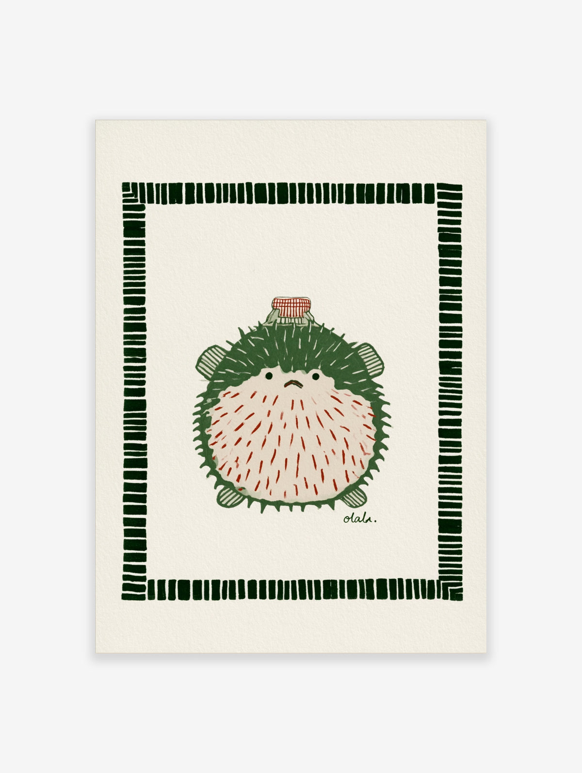 Green pufferfish illustration with red and white belly and striped green border on cream background