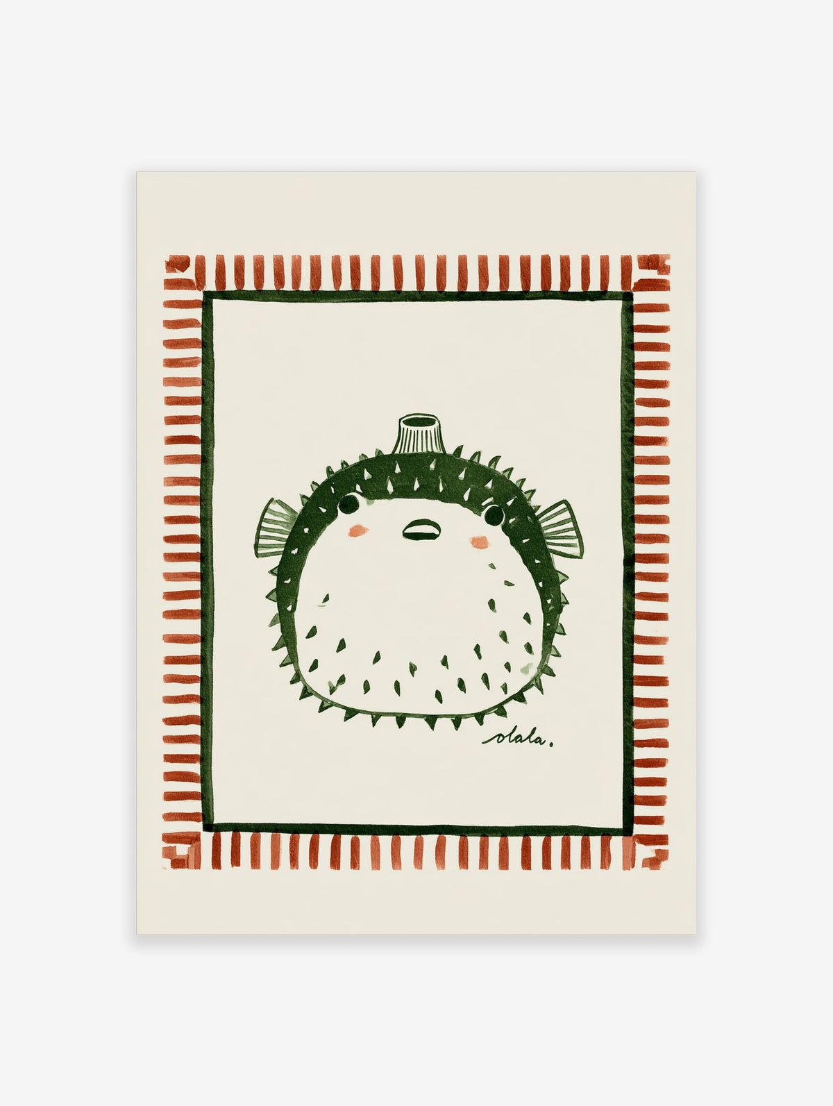 Green pufferfish illustration art print with striped border and blush cheeks on cream background