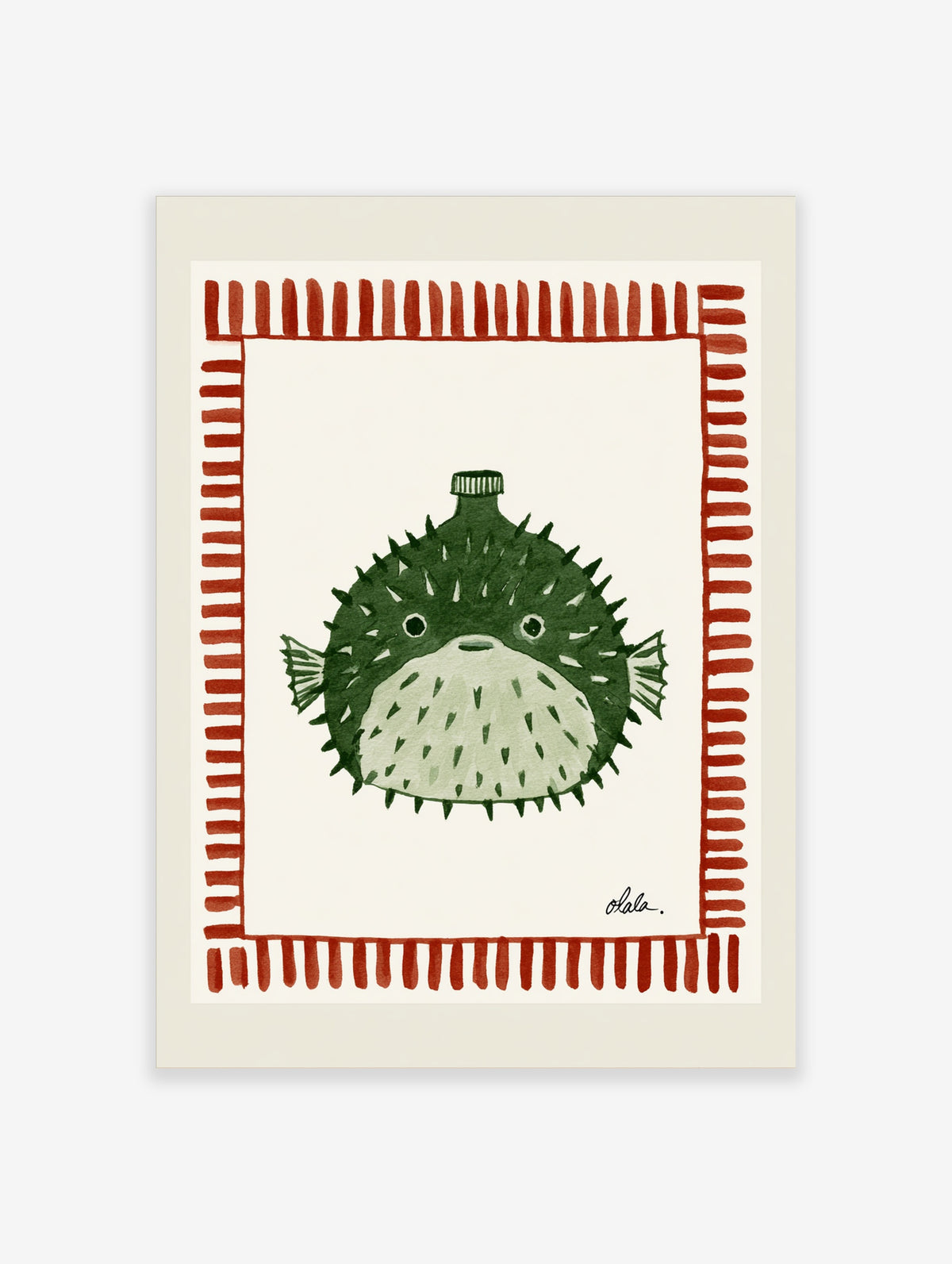 Green pufferfish illustration with bottle-shaped top and red striped border on cream background