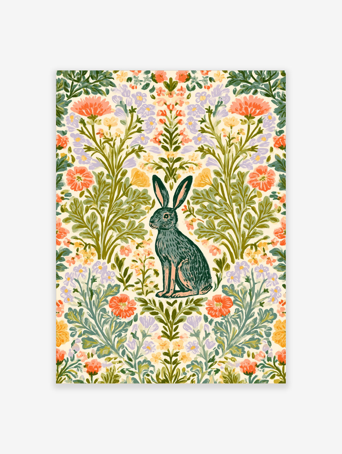 Green rabbit surrounded by orange and purple flowers on cream botanical art print
