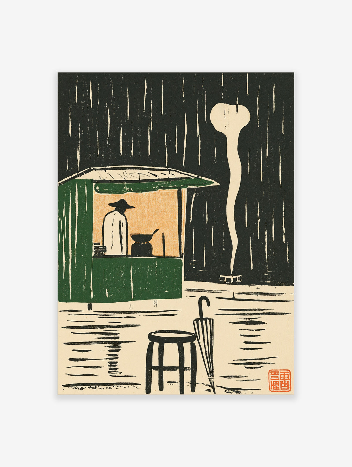 Green rainy night poster of a Japanese street food stall with vendor, steaming pot, umbrella and stool