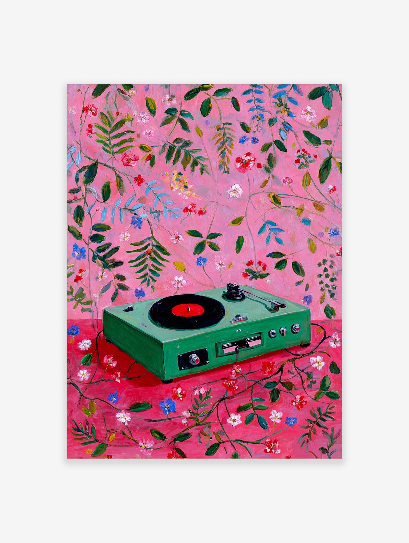 Green record player with red vinyl on pink floral background, botanical wall art print