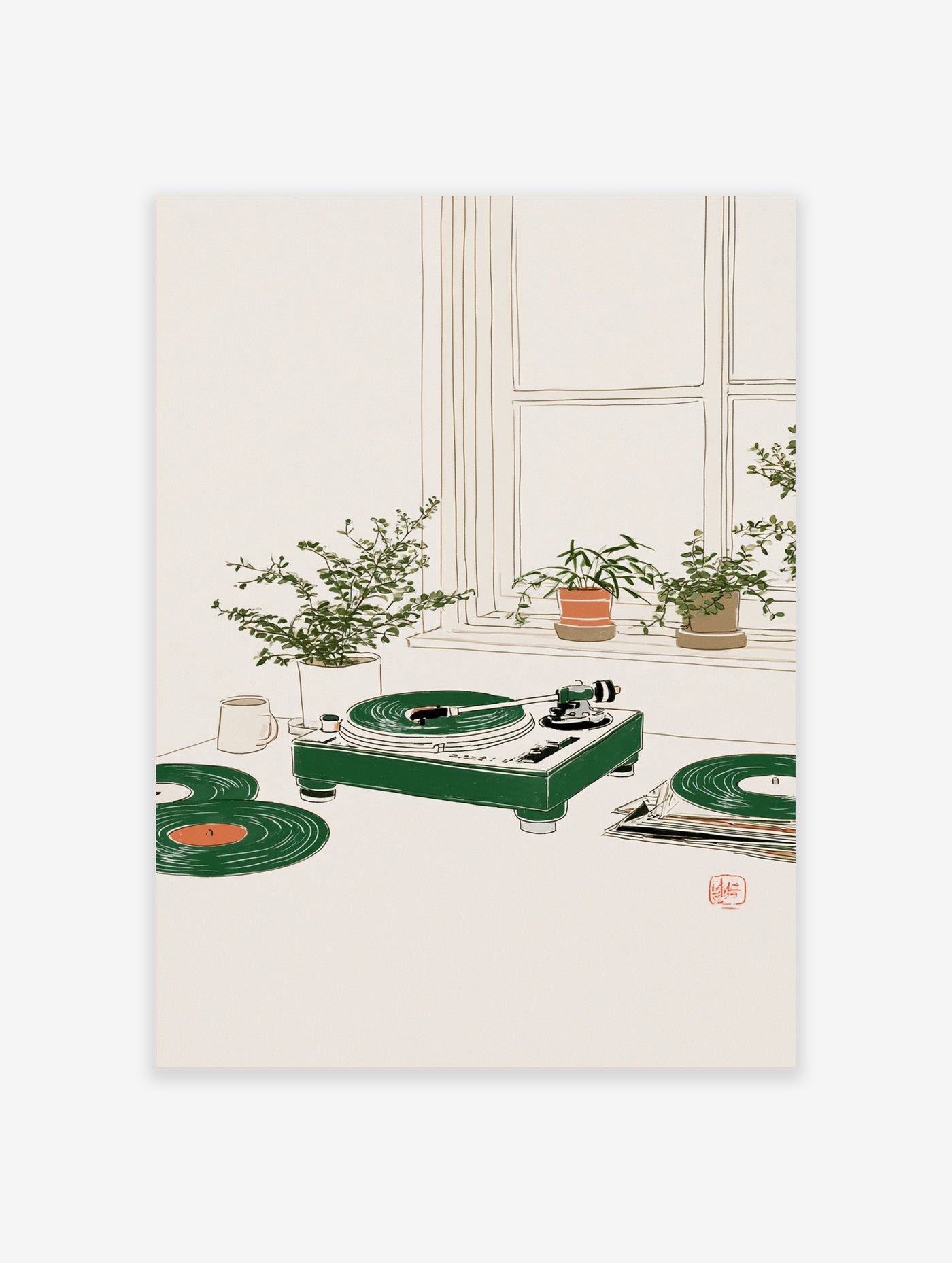 Green record player with vinyl records and potted plants on a window sill, illustrative minimalist wall art print