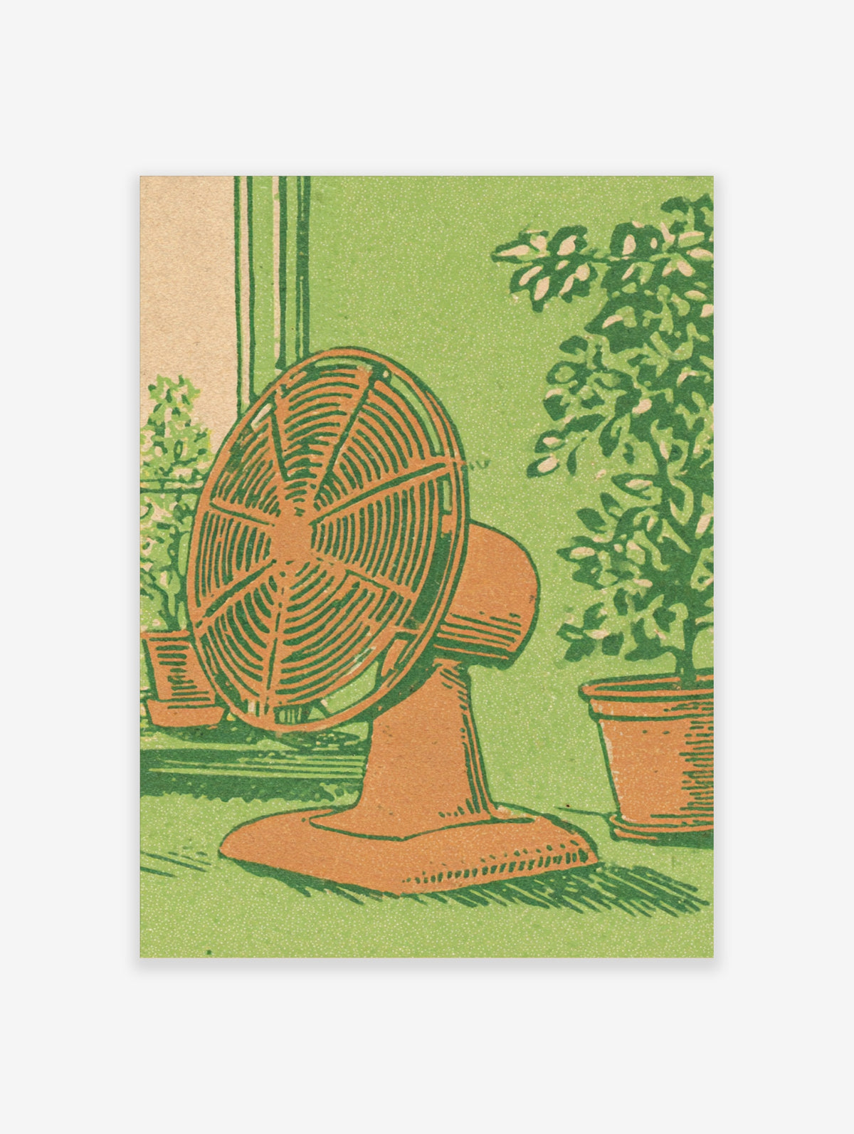 Retro illustration of an orange electric fan with potted plants on a green background