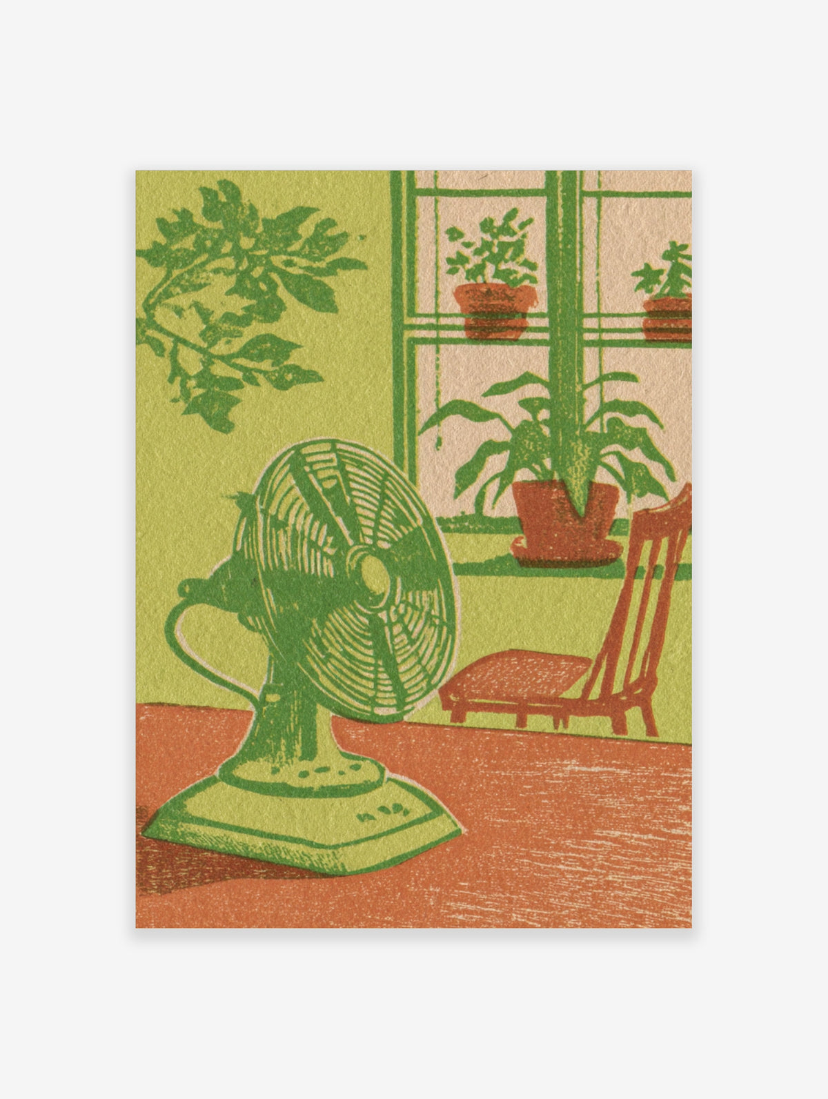 Green retro fan poster with vintage electric fan, potted plants on windowsill, and wooden chair