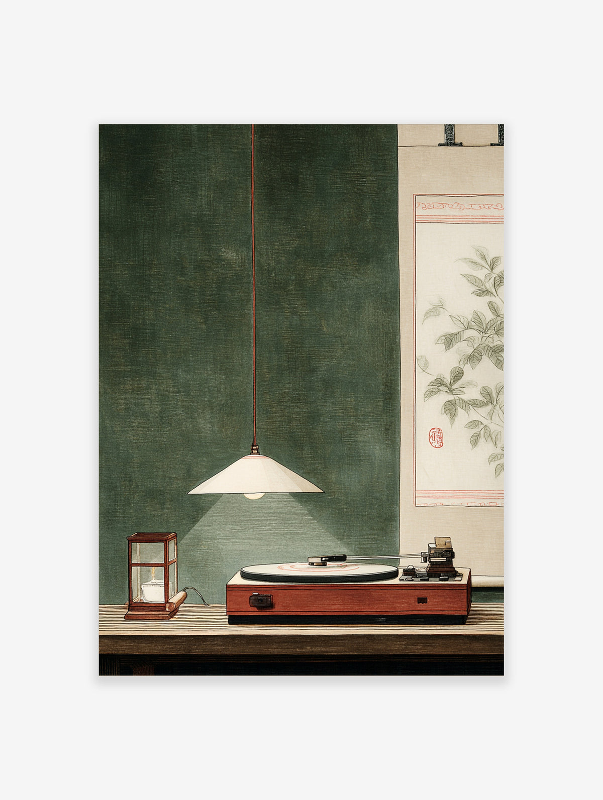 Green retro music room poster with vintage turntable, pendant lamp, and botanical scroll