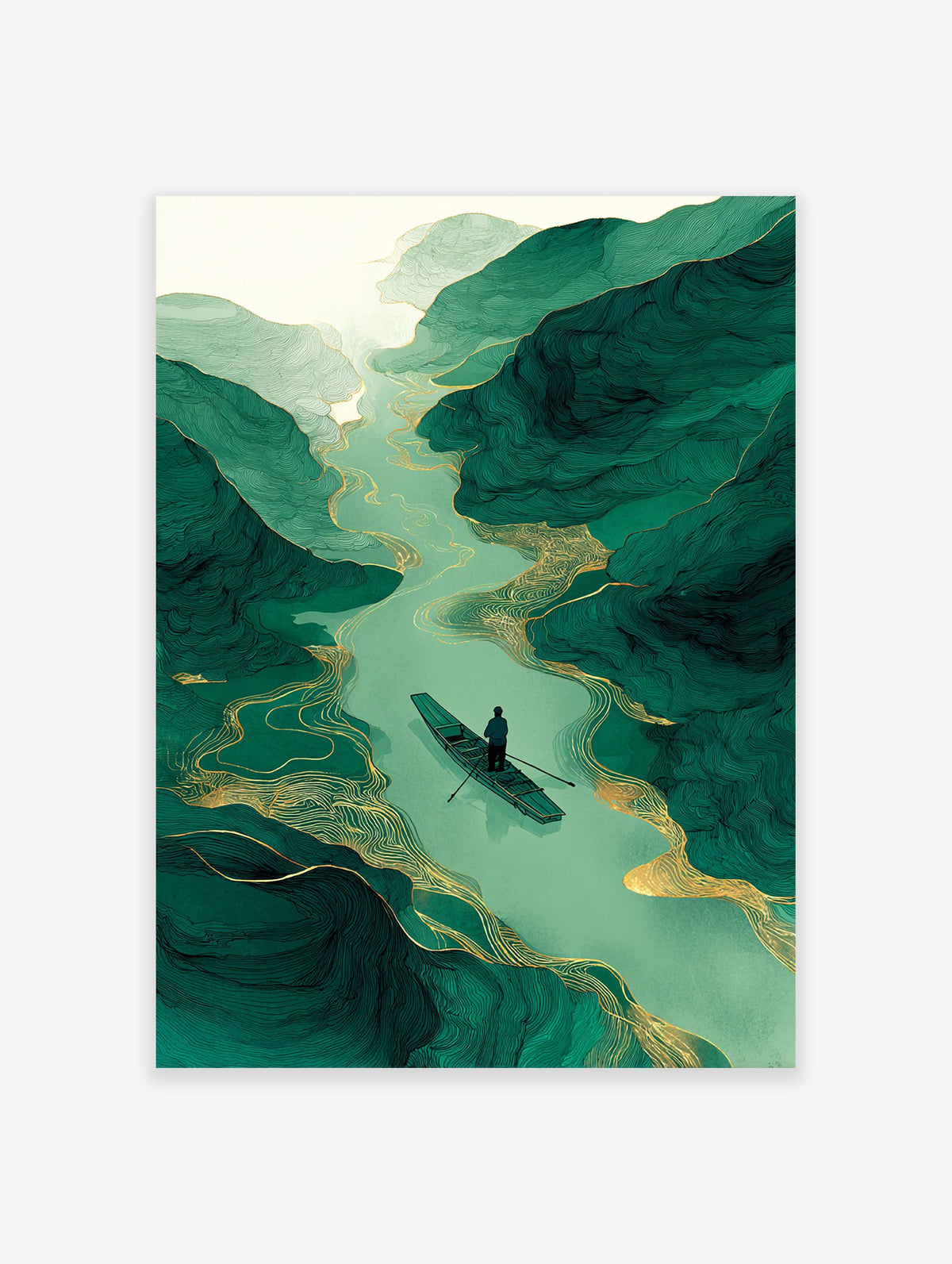 Green river landscape wall art with a person in a boat, surrounded by abstract green mountains and golden flowing lines.