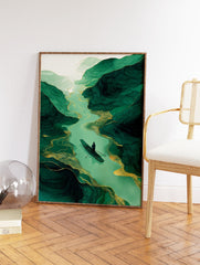 Green river landscape wall art with a person in a boat, surrounded by abstract green mountains and golden flowing lines. - Image 2