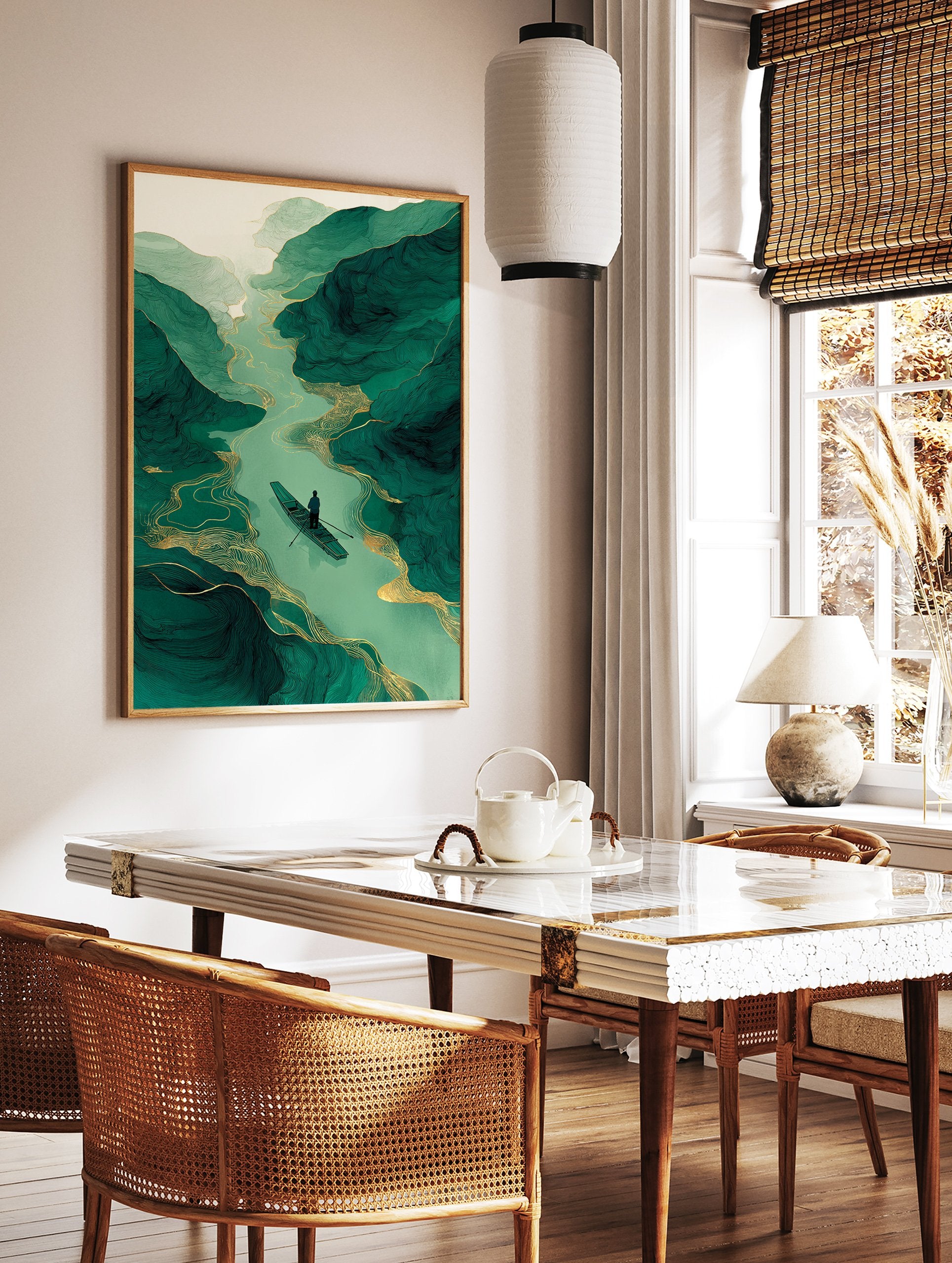 Green river landscape wall art with a person in a boat, surrounded by abstract green mountains and golden flowing lines. - Image 3