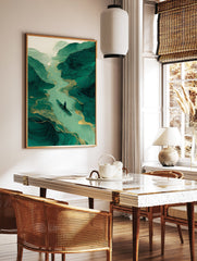 Green river landscape wall art with a person in a boat, surrounded by abstract green mountains and golden flowing lines. - Image 3